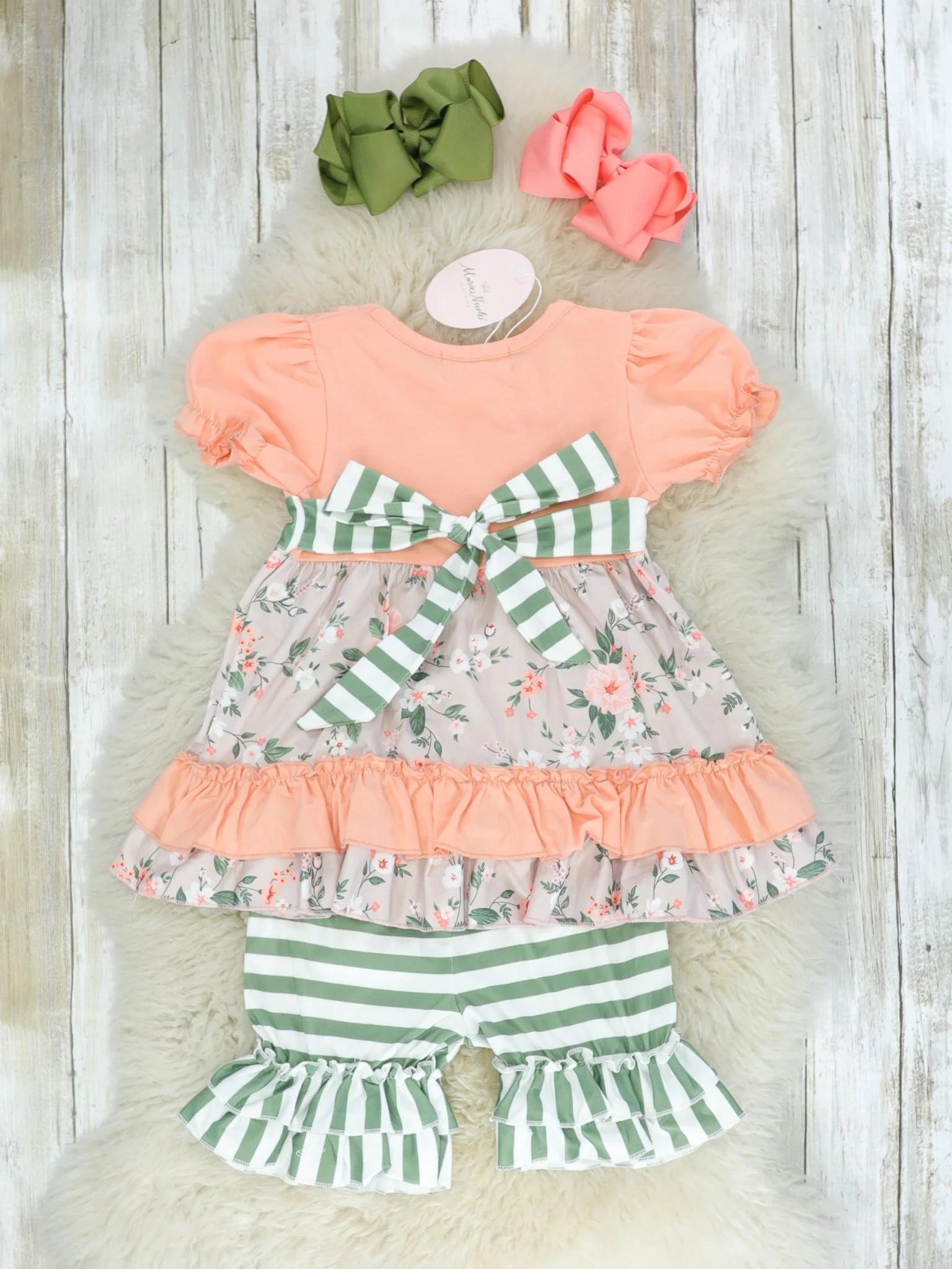 Coral Floral & Green Striped Ruffle Outfit - Image 3