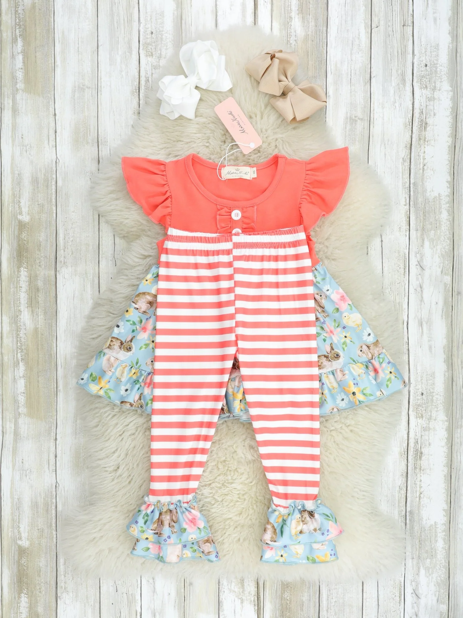 Coral Floral Bunny Ruffle Outfit - Image 2