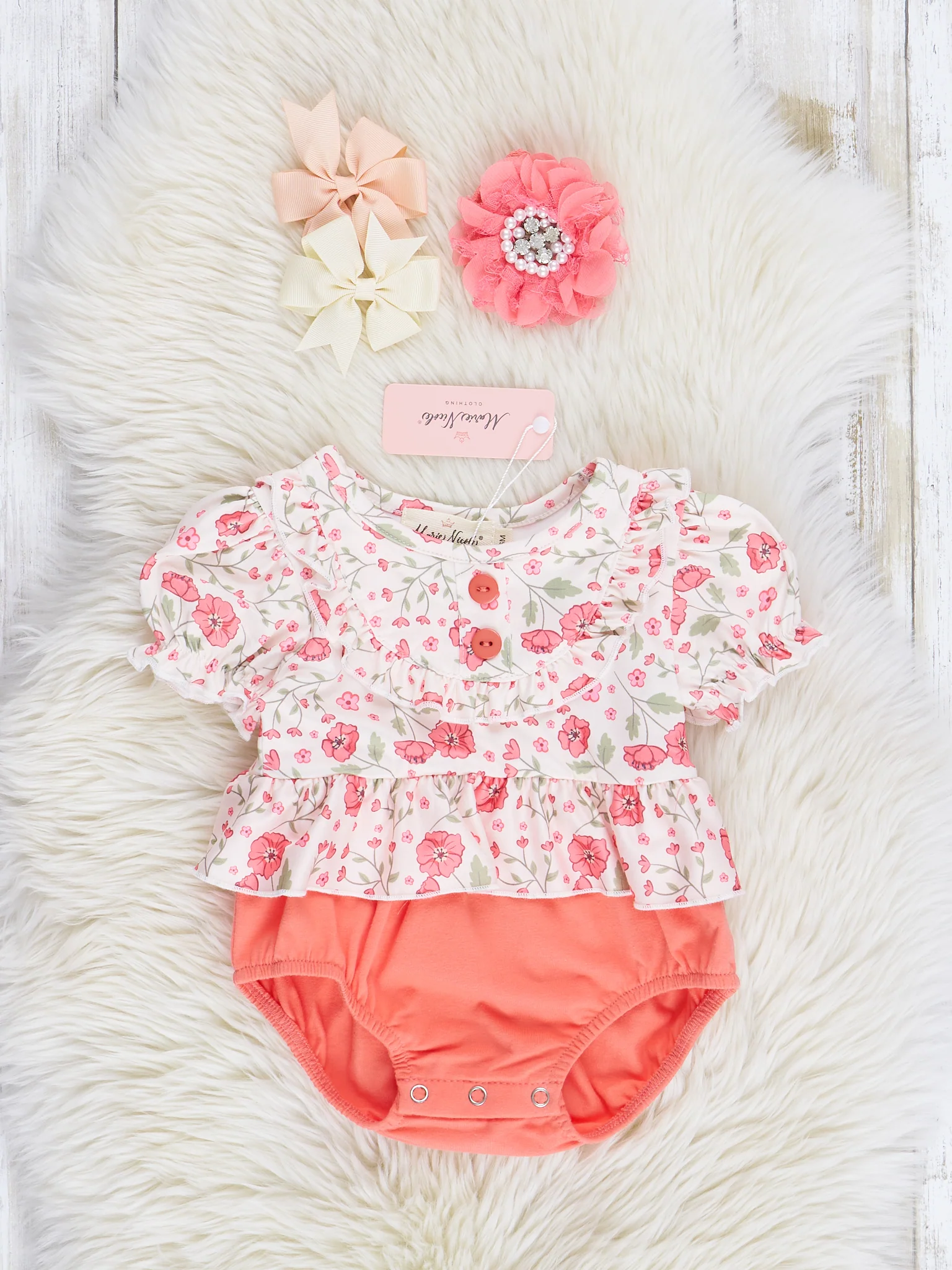 Coral Floral Fancy Ruffle Bubble Romper