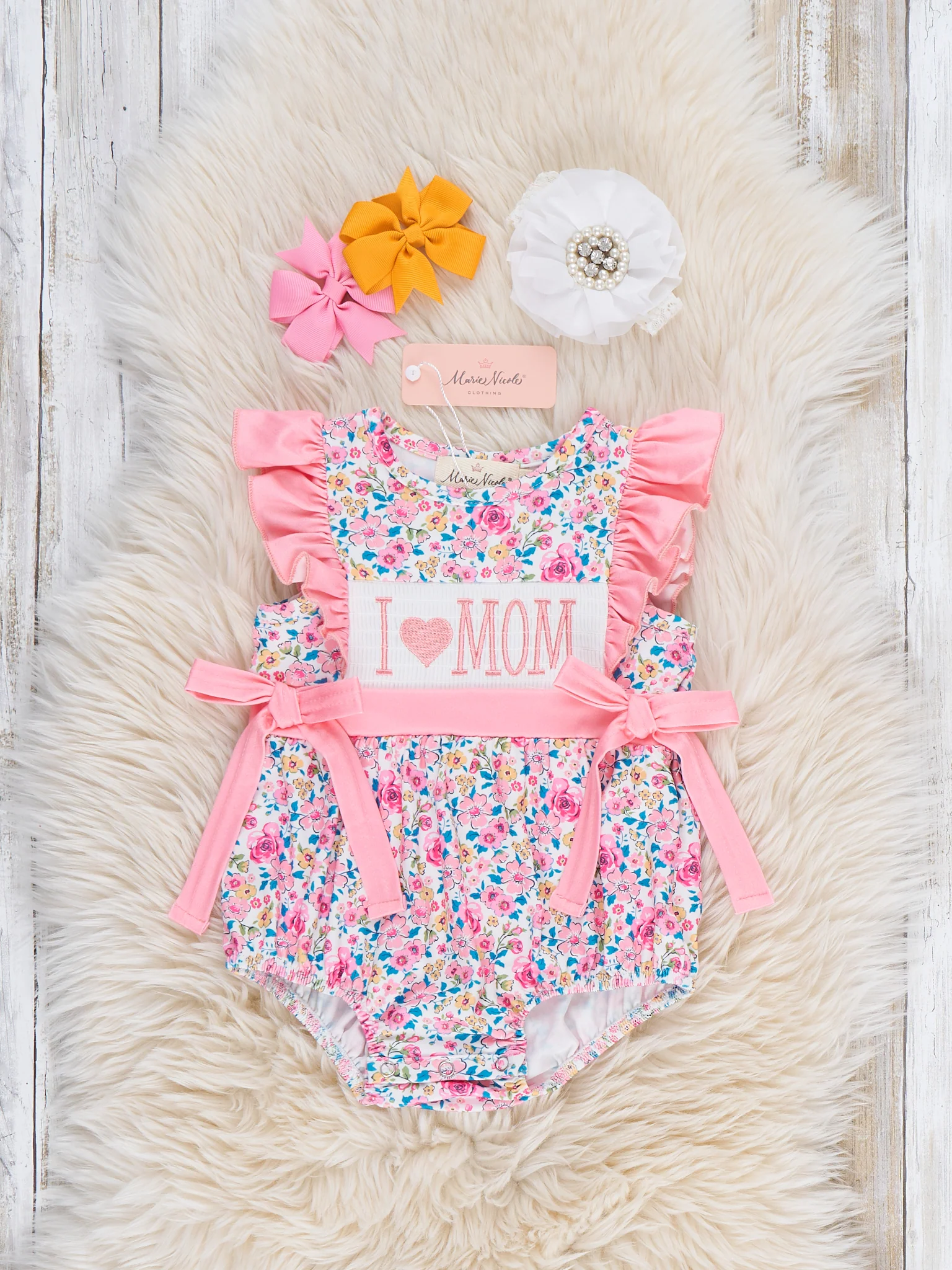 Coral Floral "I Love Mom" Smocked Bubble Romper