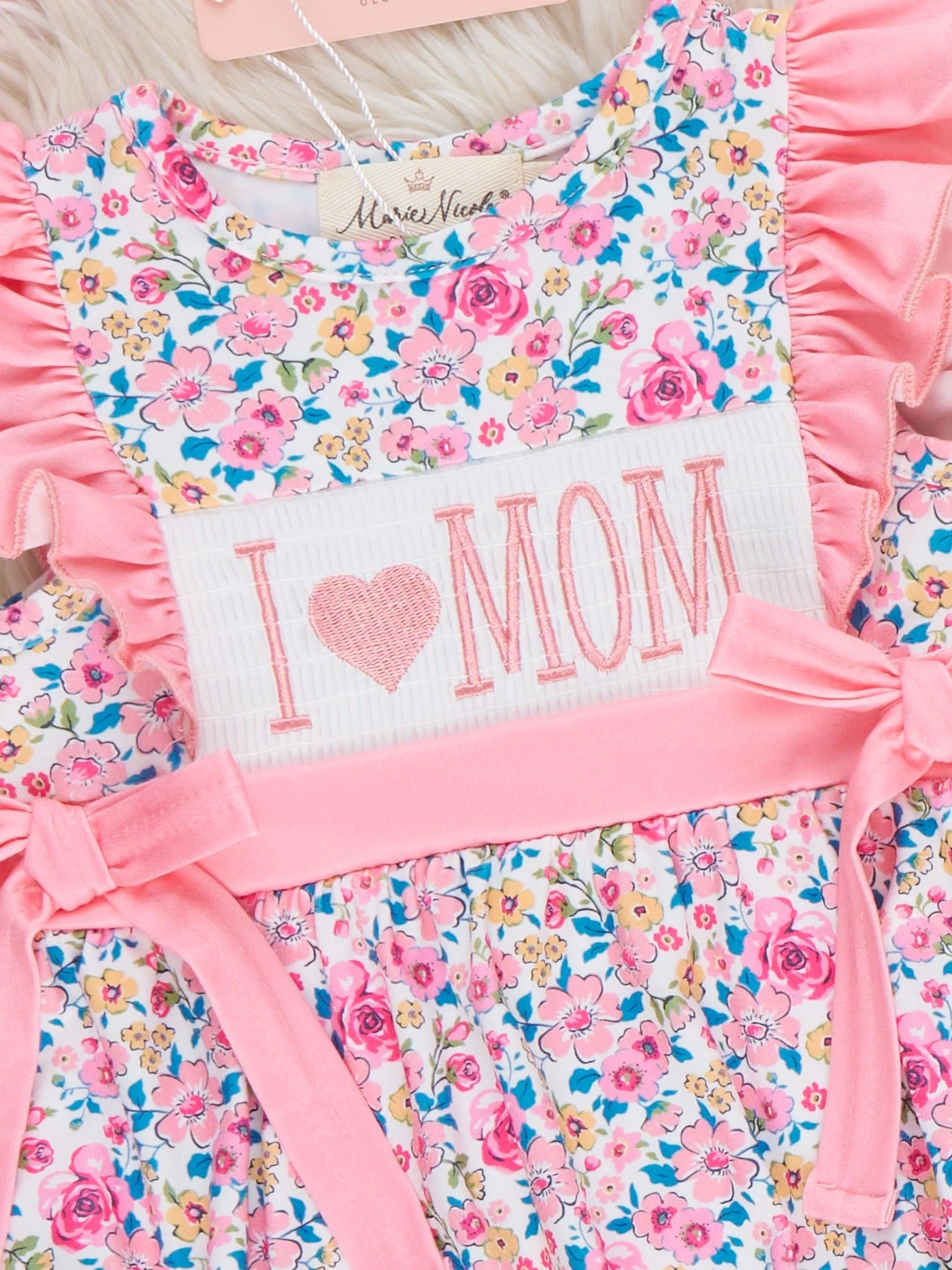 Coral Floral "I Love Mom" Smocked Bubble Romper - Image 2