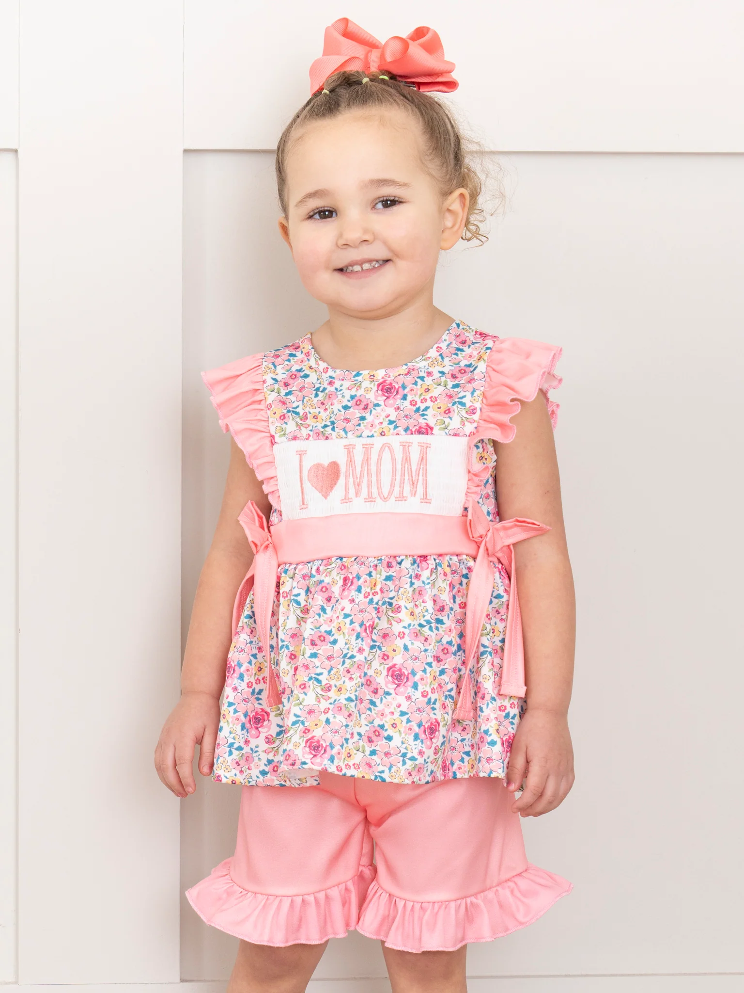 Coral Floral "I Love Mom" Smocked Outfit