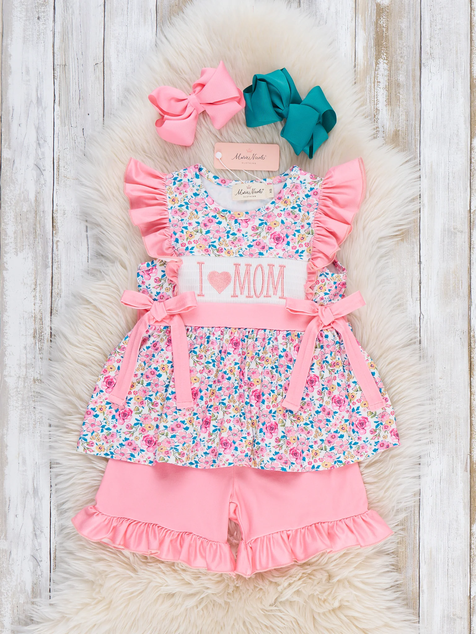 Coral Floral "I Love Mom" Smocked Outfit - Image 2