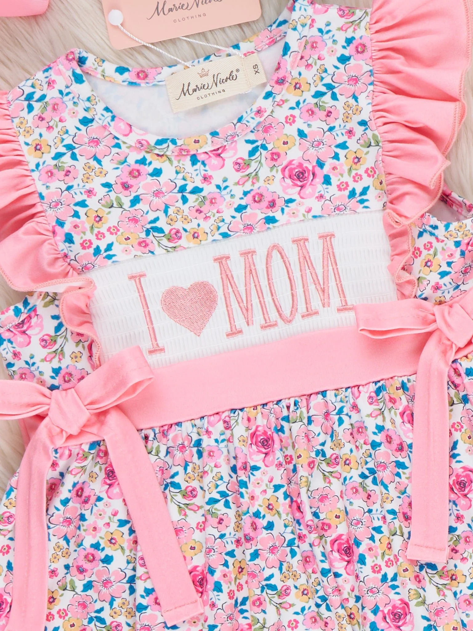 Coral Floral "I Love Mom" Smocked Outfit - Image 3