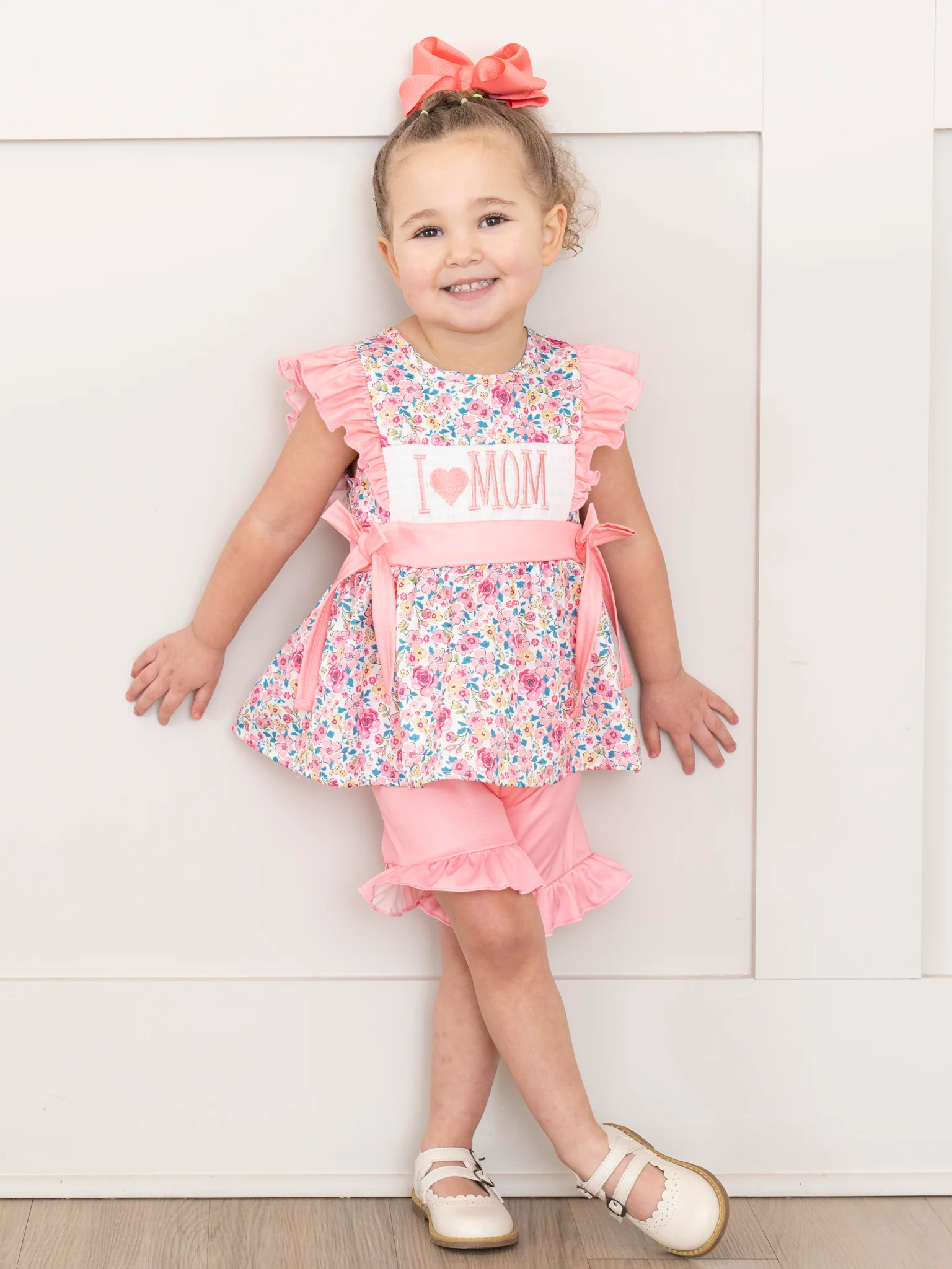 Coral Floral "I Love Mom" Smocked Outfit - Image 4