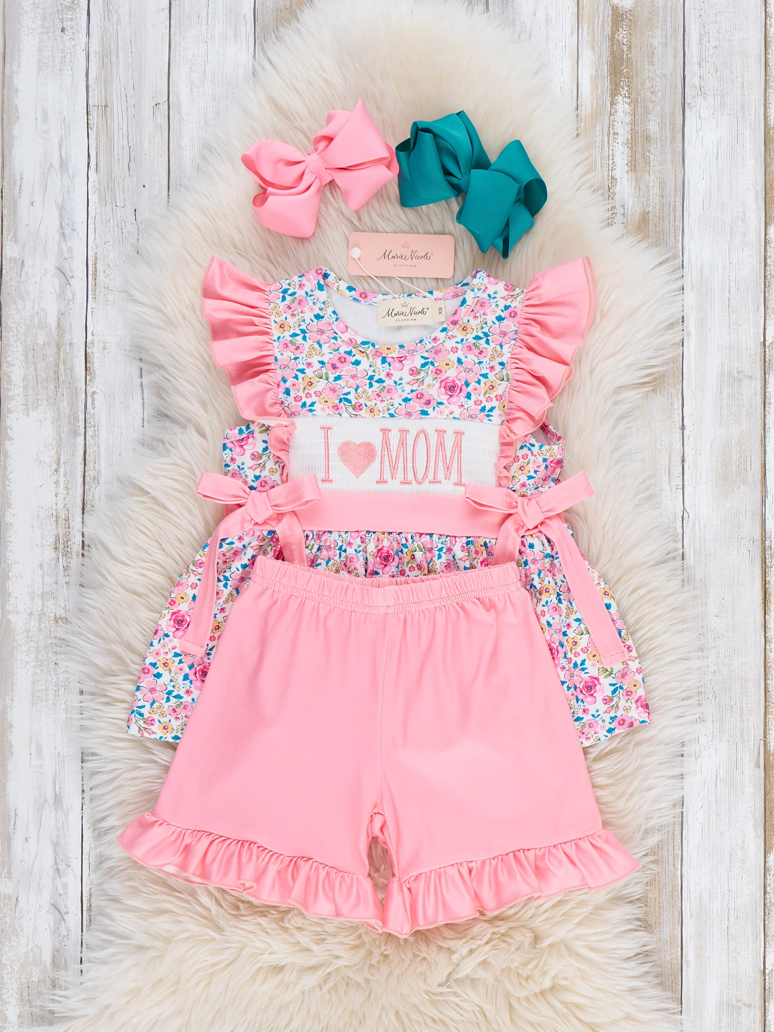 Coral Floral "I Love Mom" Smocked Outfit - Image 5