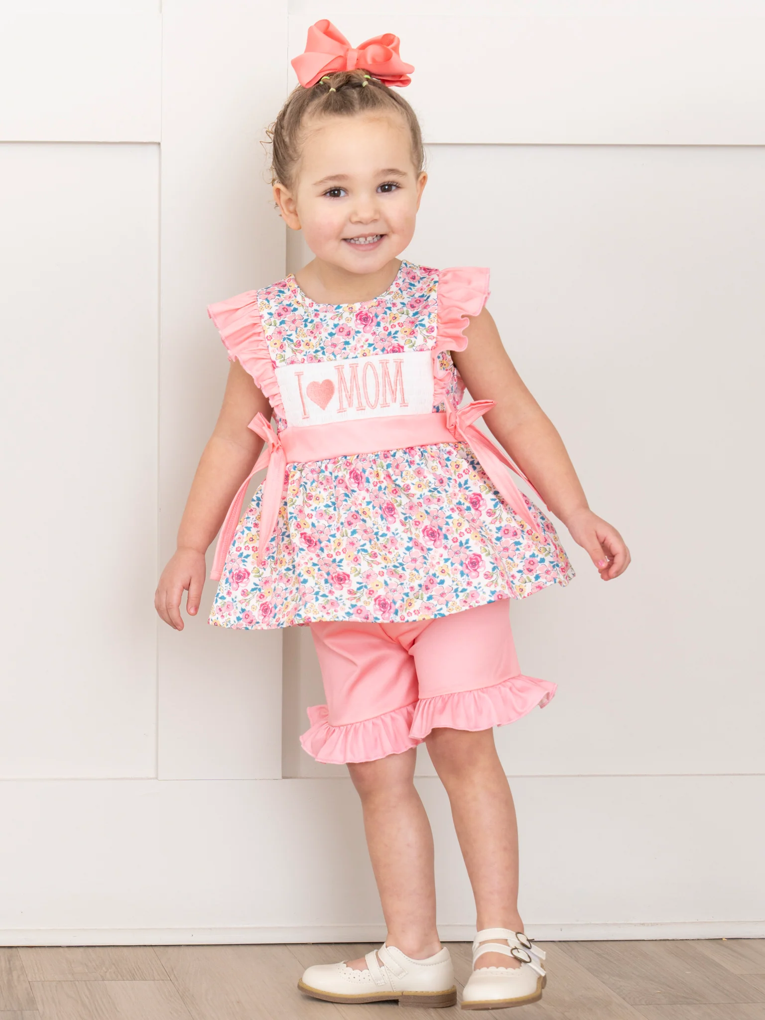 Coral Floral "I Love Mom" Smocked Outfit - Image 6