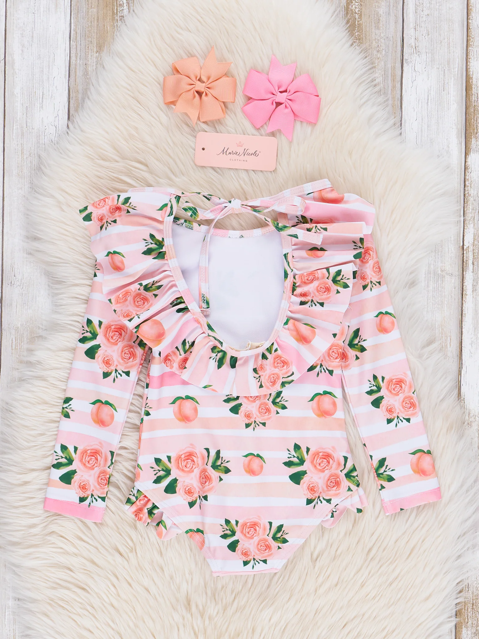 Coral Floral Peaches Ruffle Rash Guard Swimsuit - Image 2