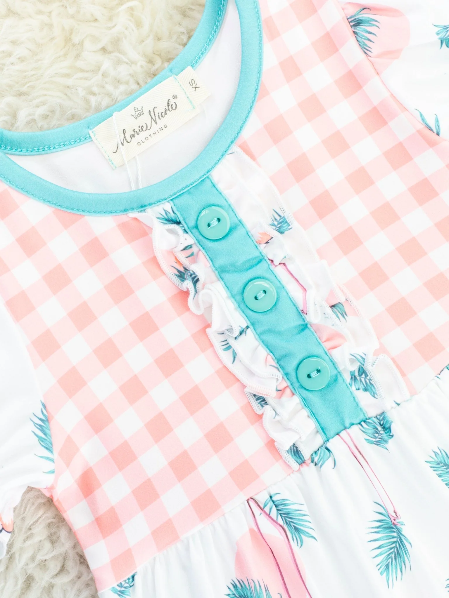 Coral Gingham Flamingo Ruffle Dress - Image 2