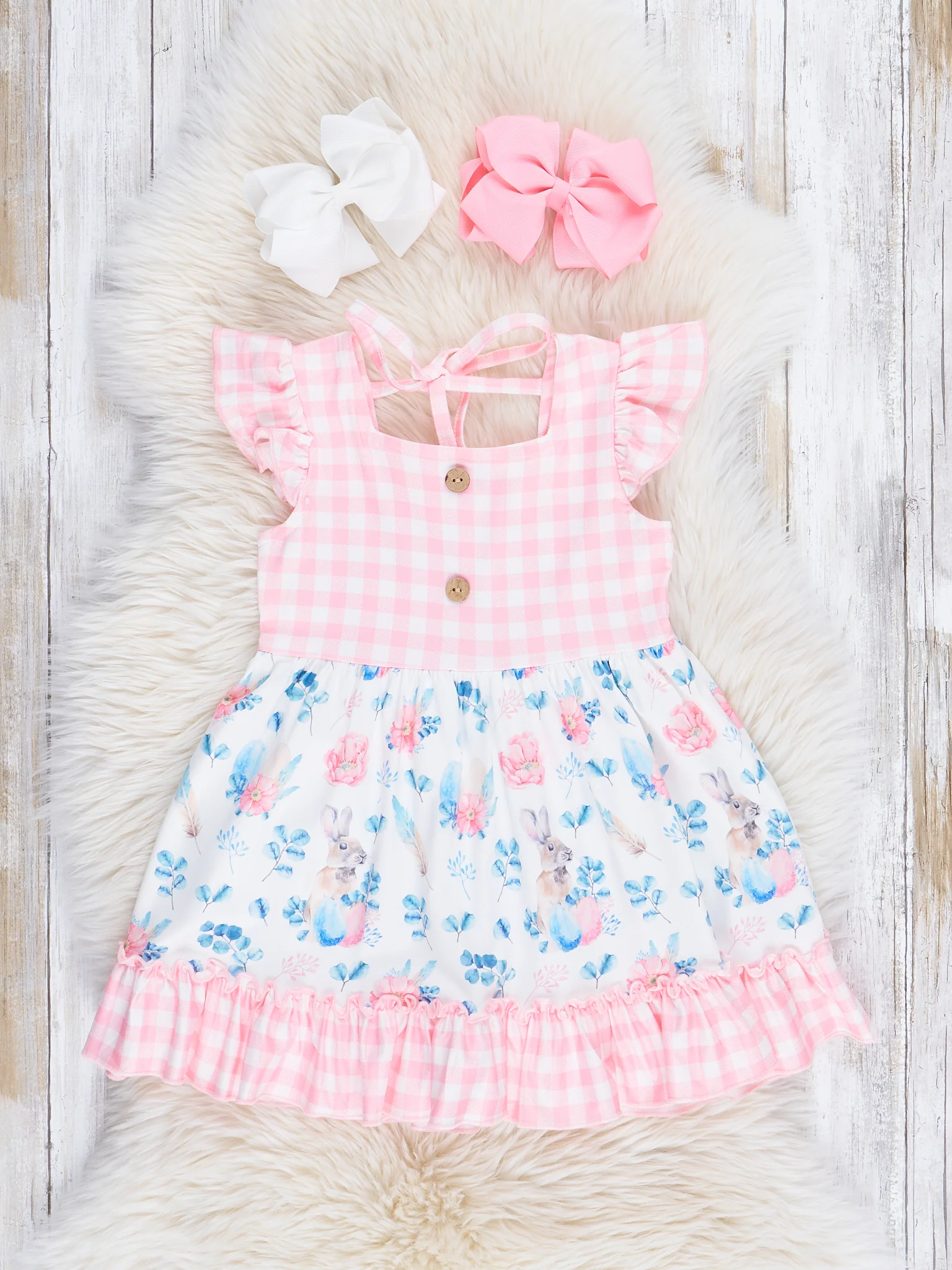Coral Gingham Floral Easter Bunny Dress
