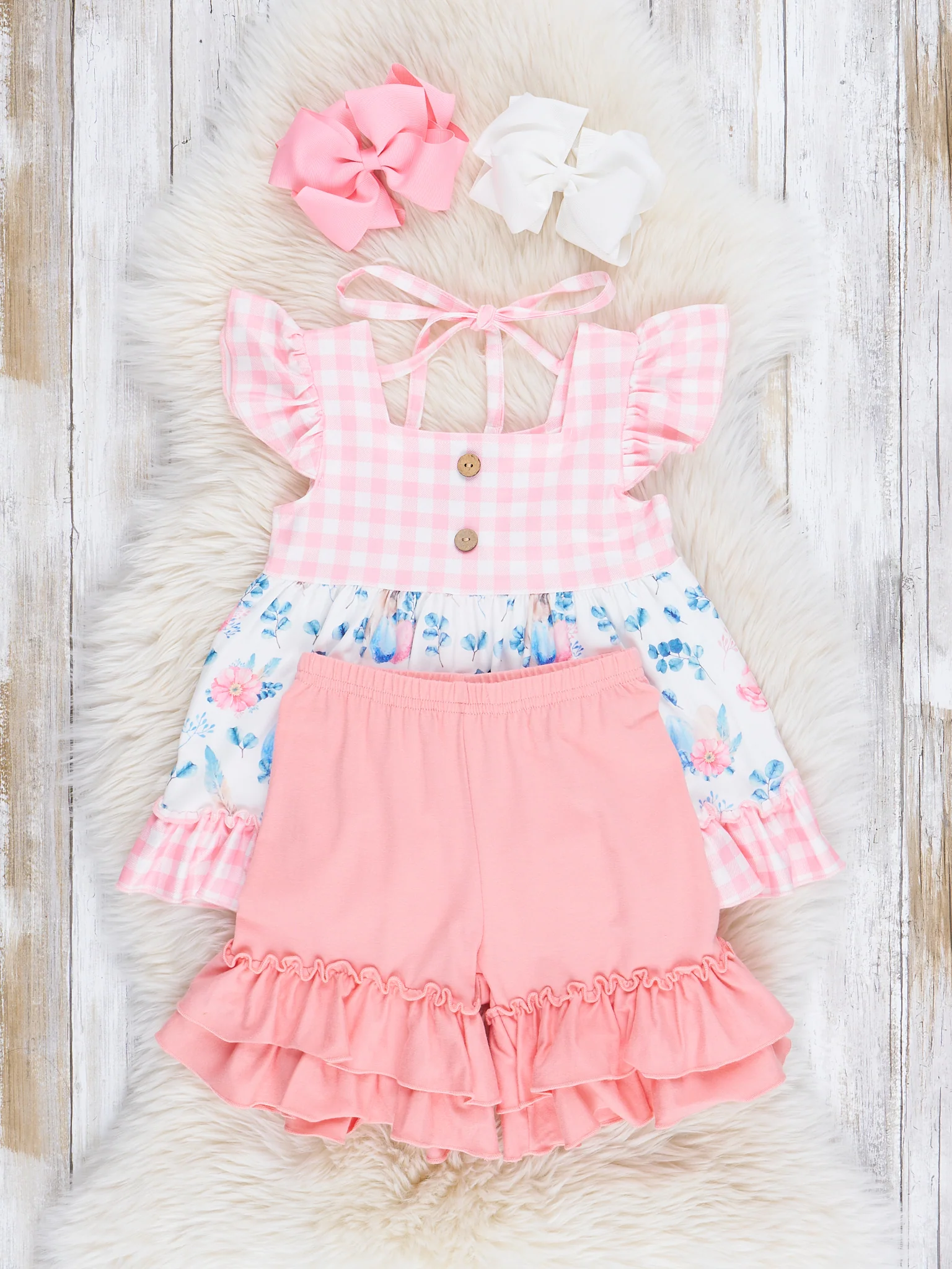 Coral Gingham Floral Easter Bunny Outfit - Image 2