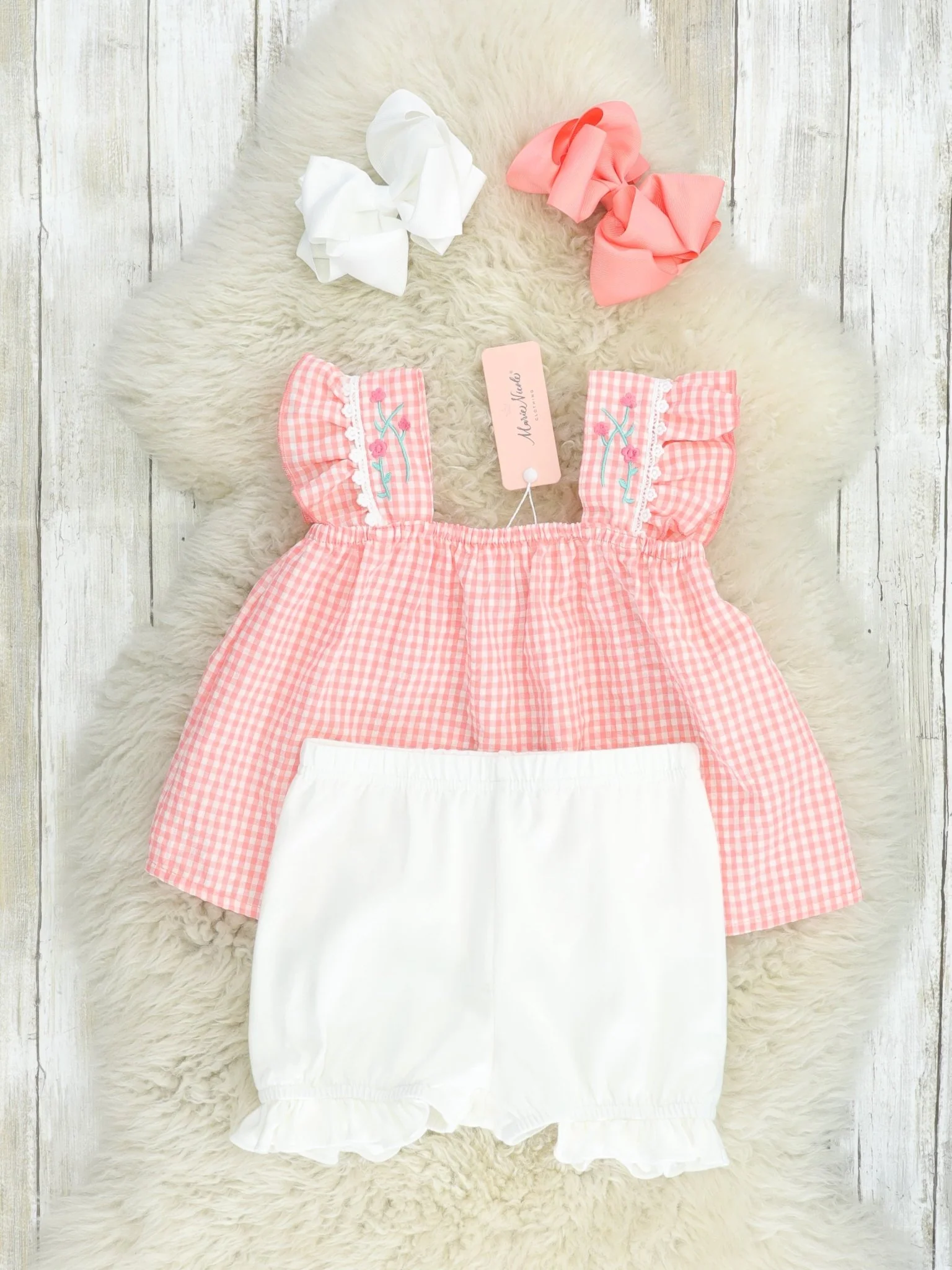 Coral Gingham Rose Flutter Sleeve Outfit - Image 2