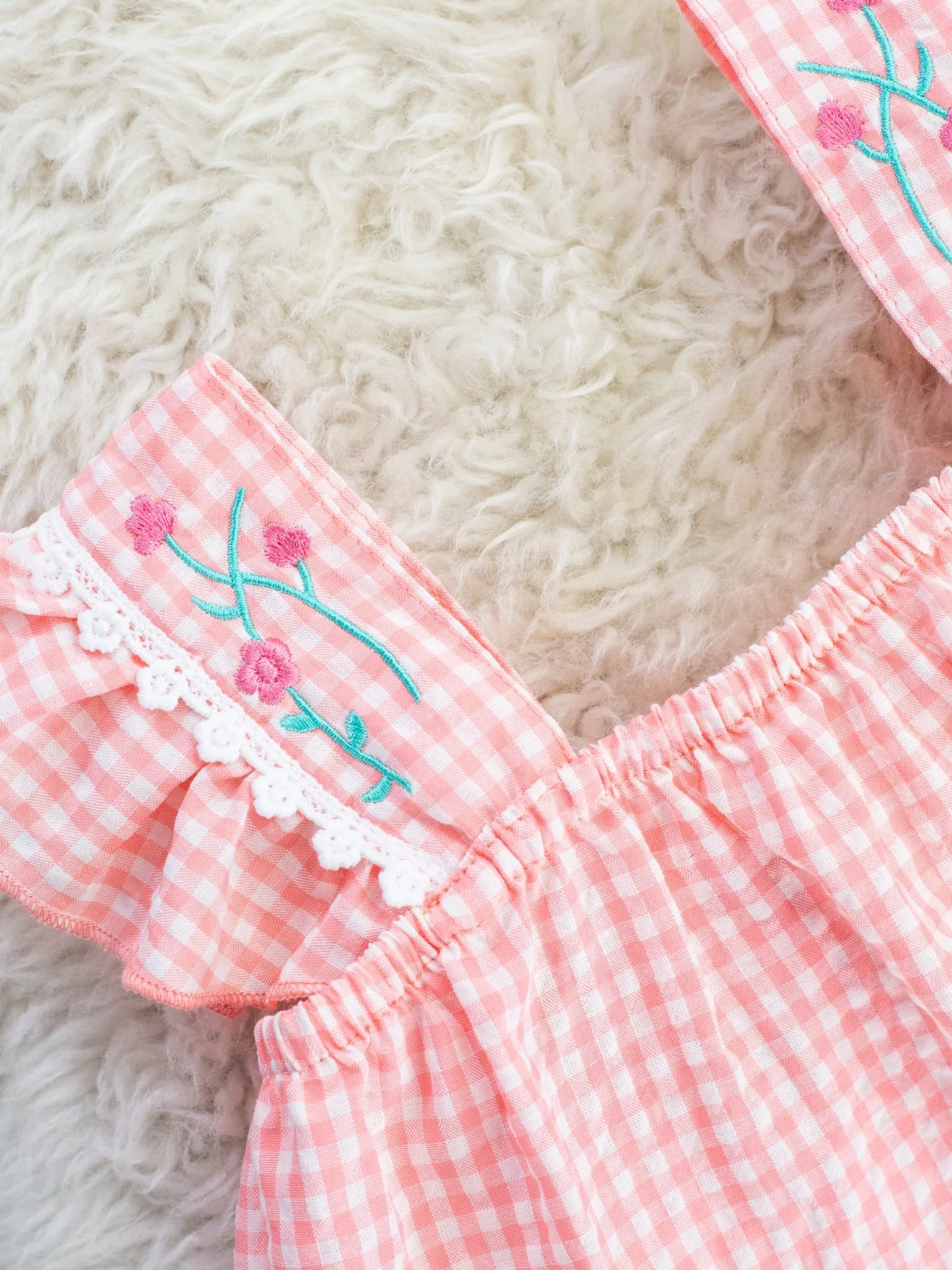 Coral Gingham Rose Flutter Sleeve Outfit - Image 3