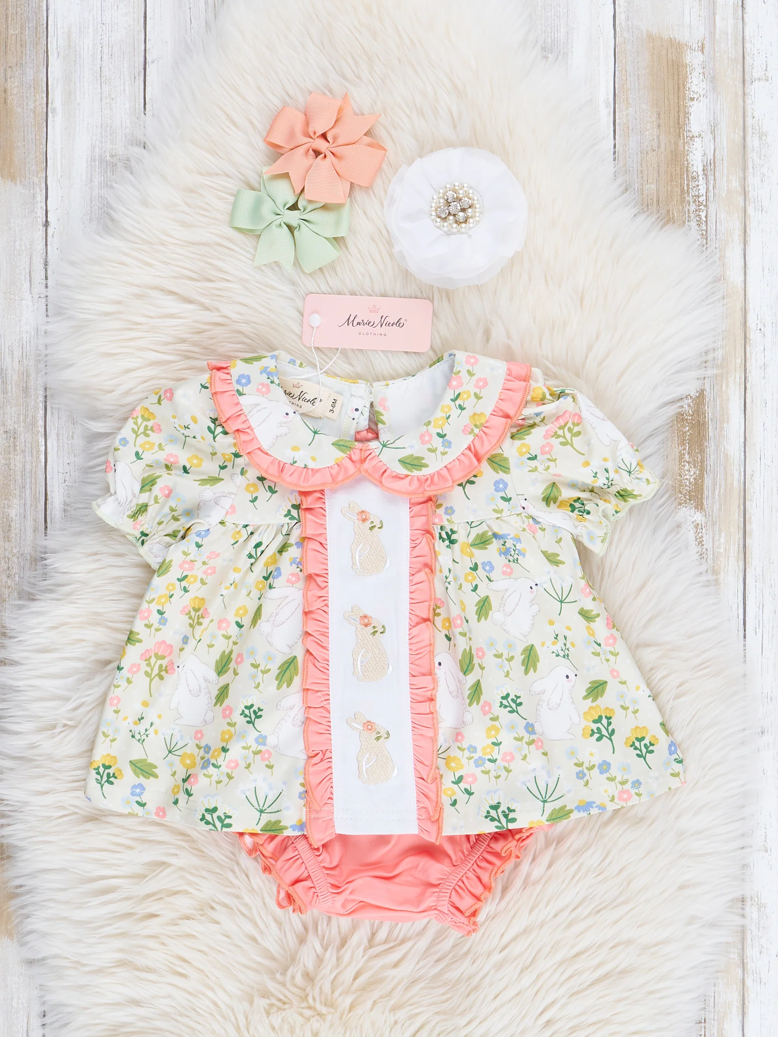 Coral & Green Embroidered Bunnies Ruffle Bloomer Outfit