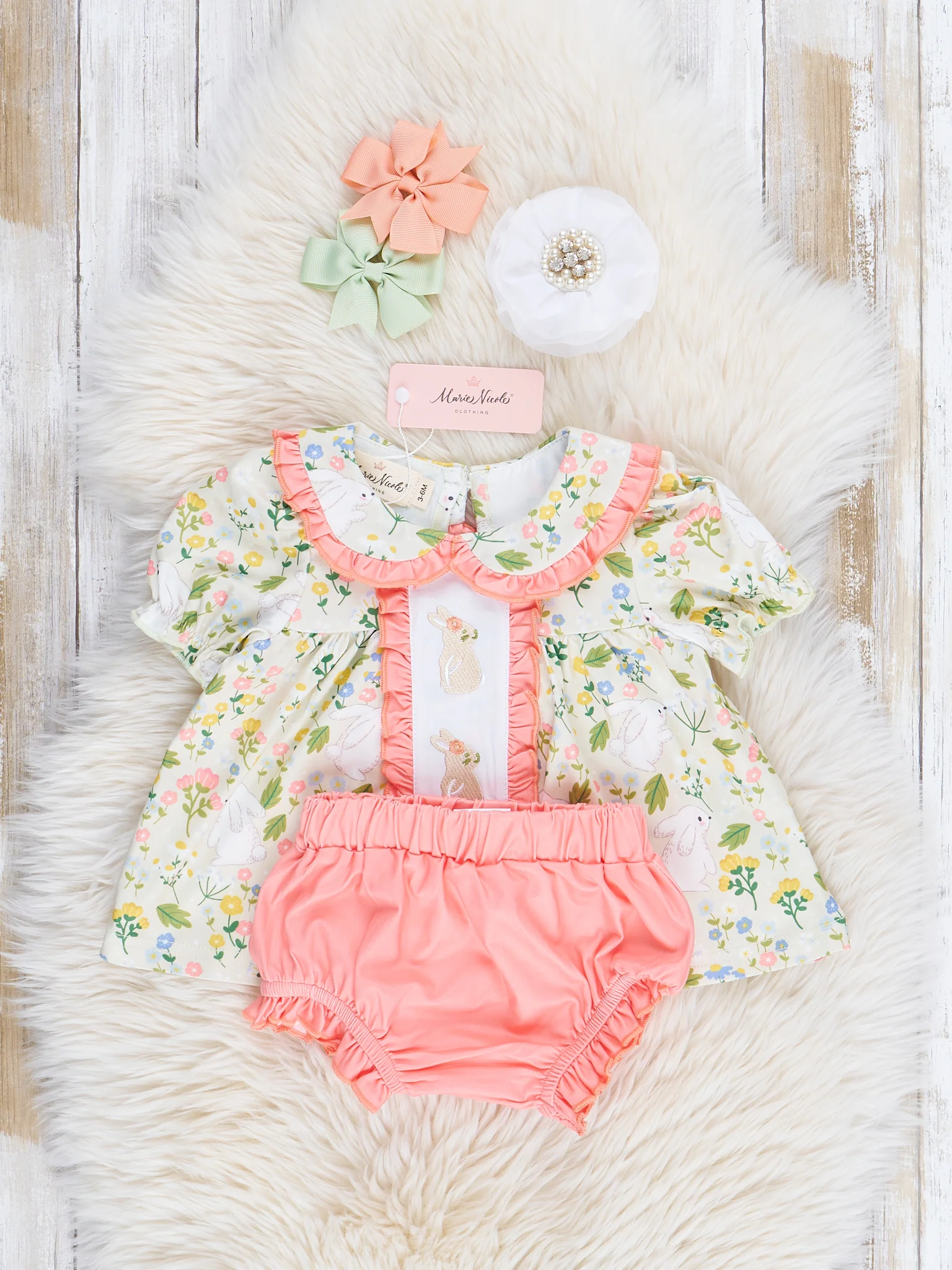 Coral & Green Embroidered Bunnies Ruffle Bloomer Outfit - Image 2