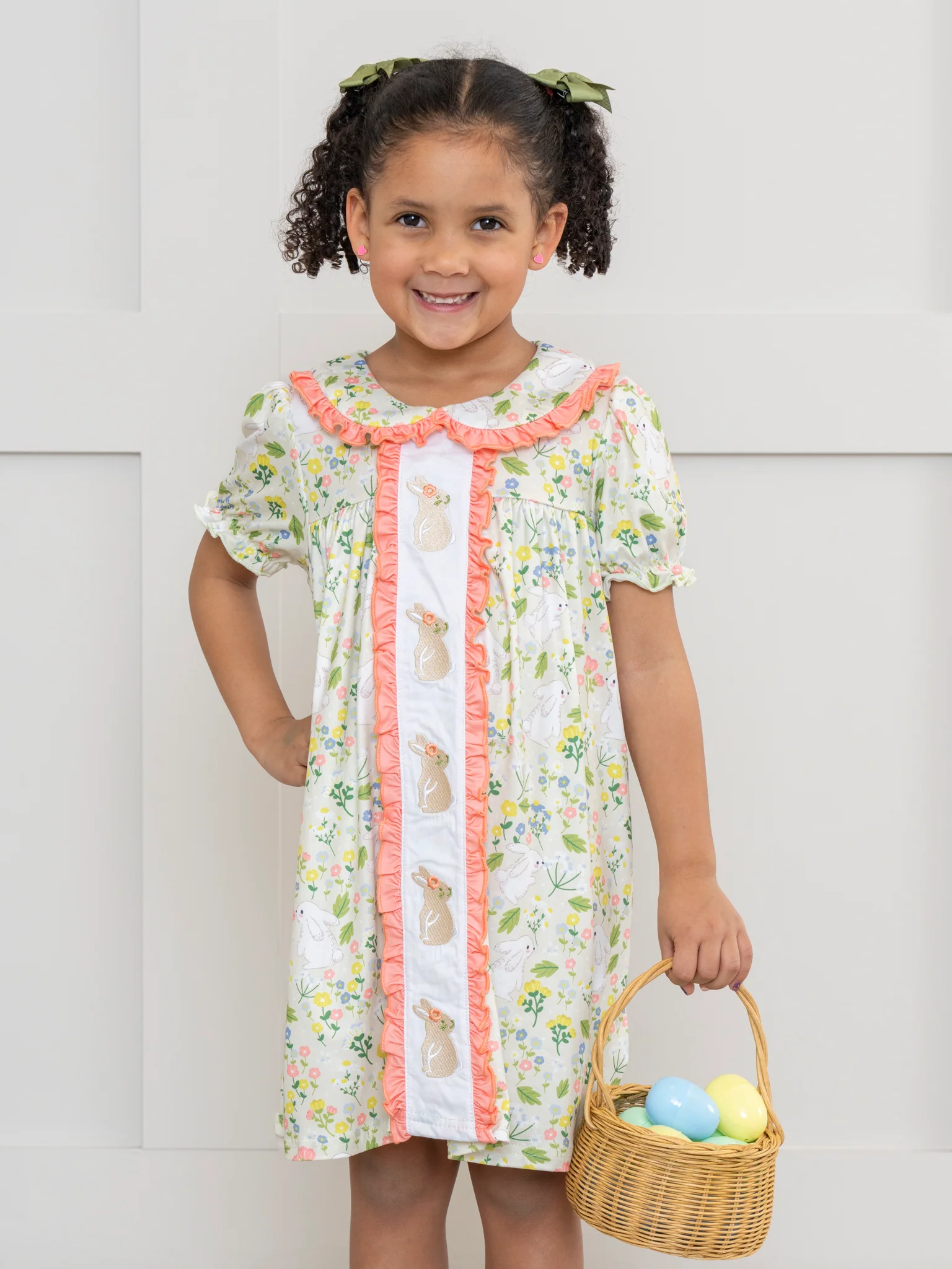 Coral & Green Embroidered Bunnies Ruffle Dress