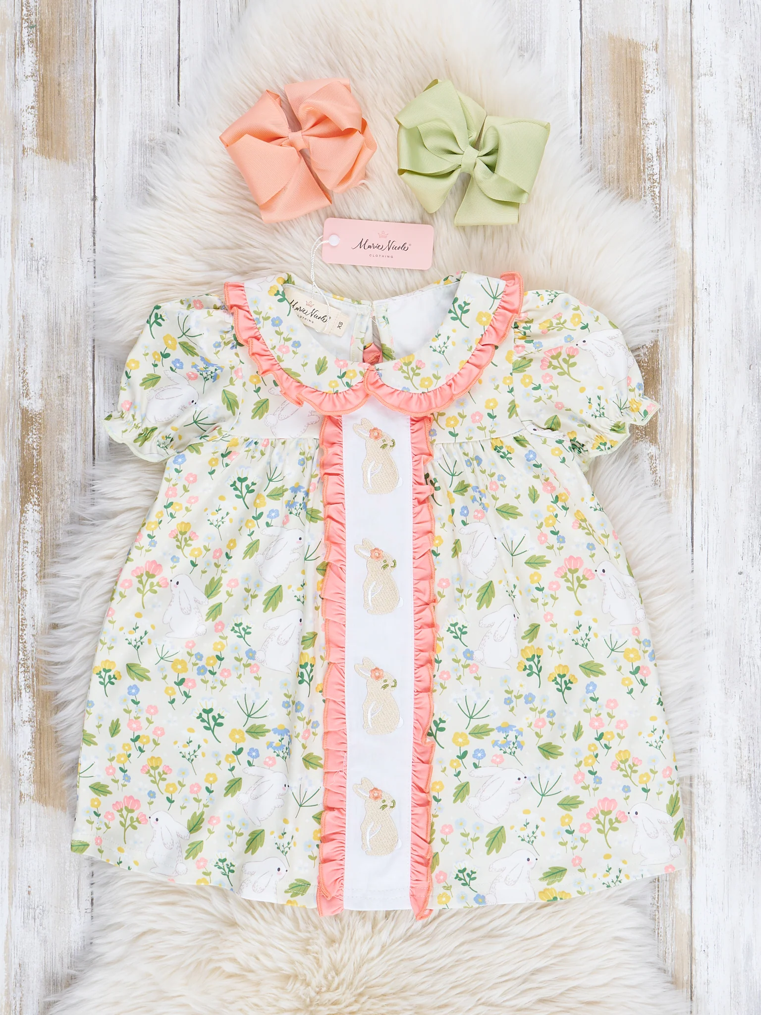 Coral & Green Embroidered Bunnies Ruffle Dress - Image 2