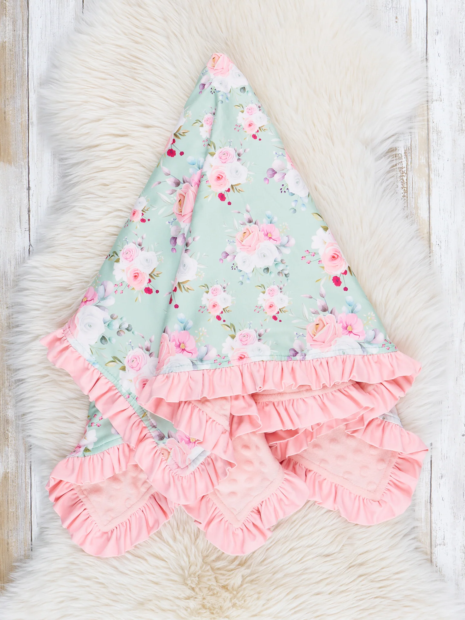 Coral & Green Rose Bouquet Ruffle Minky Blanket