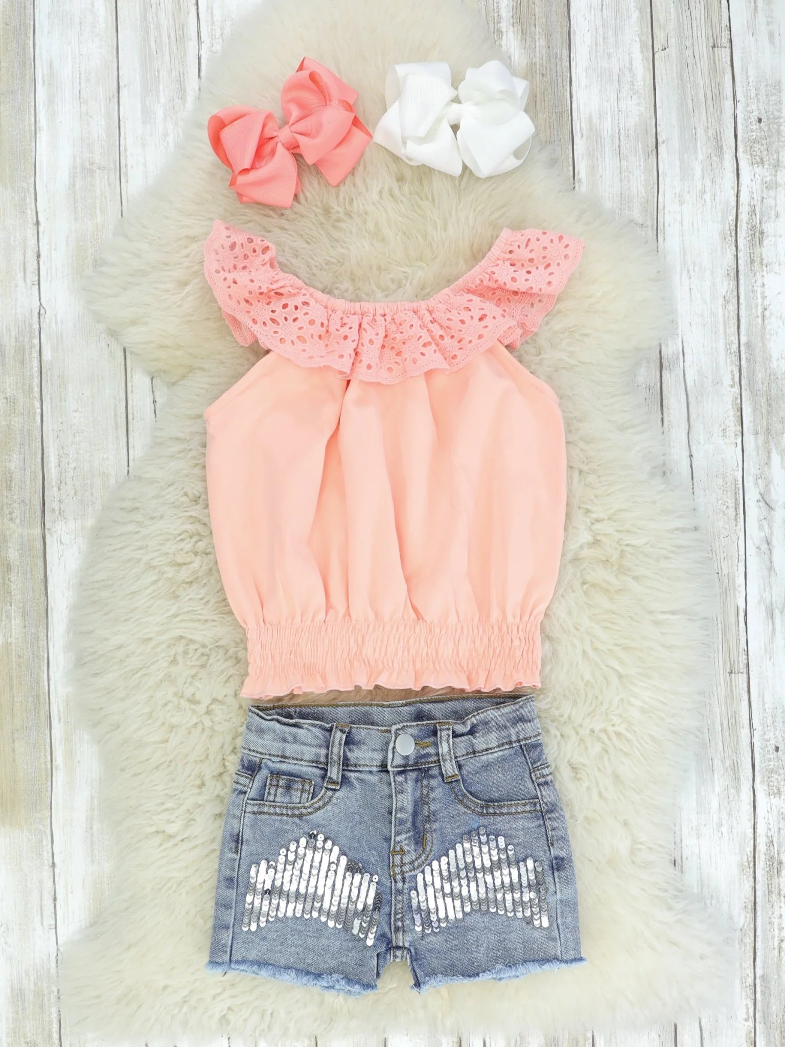 Coral Lace Tank & Denim Shorts Outfit