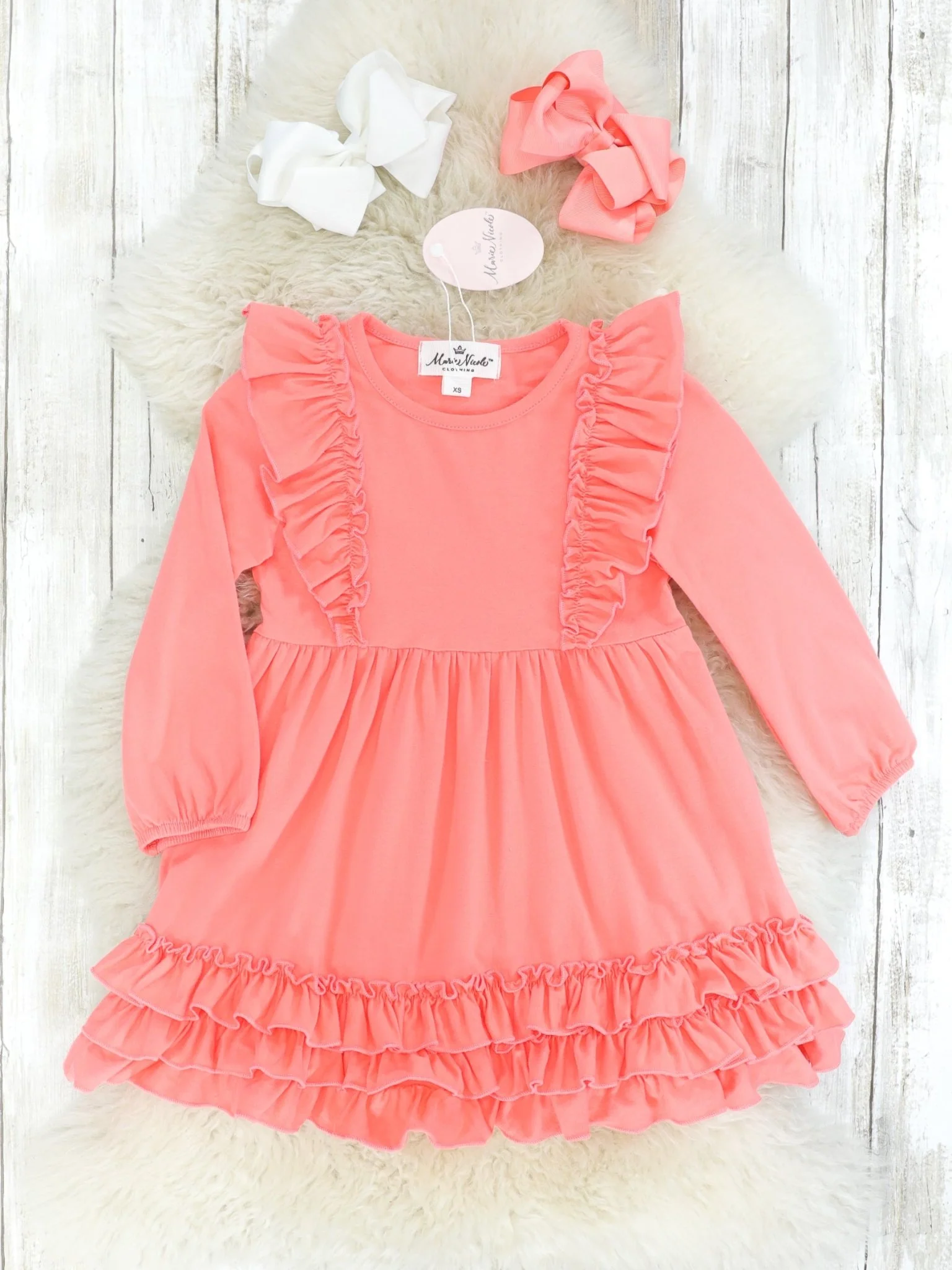 Coral Long Sleeve Ruffle Dress