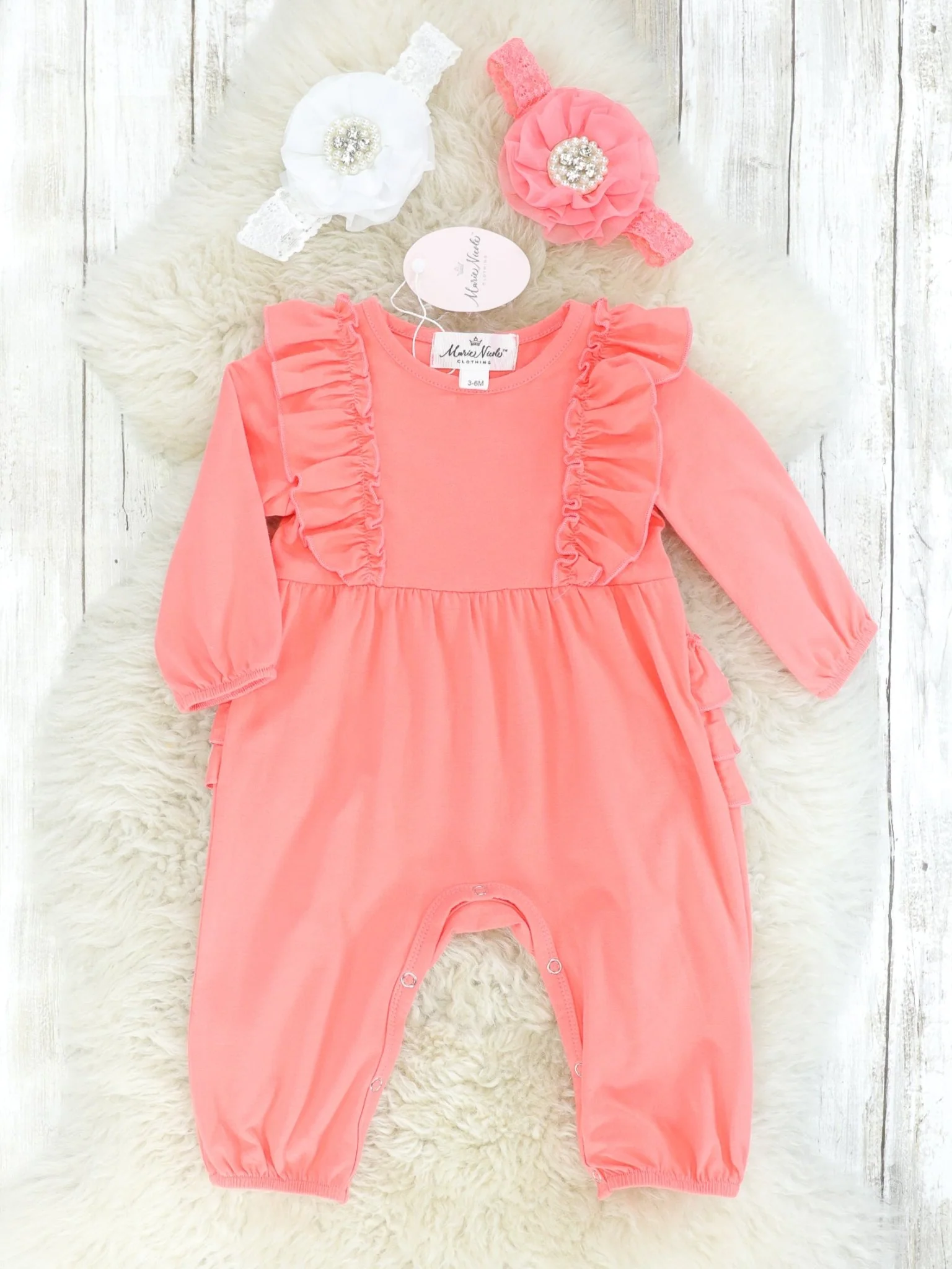 Coral Long Sleeve Ruffle Romper