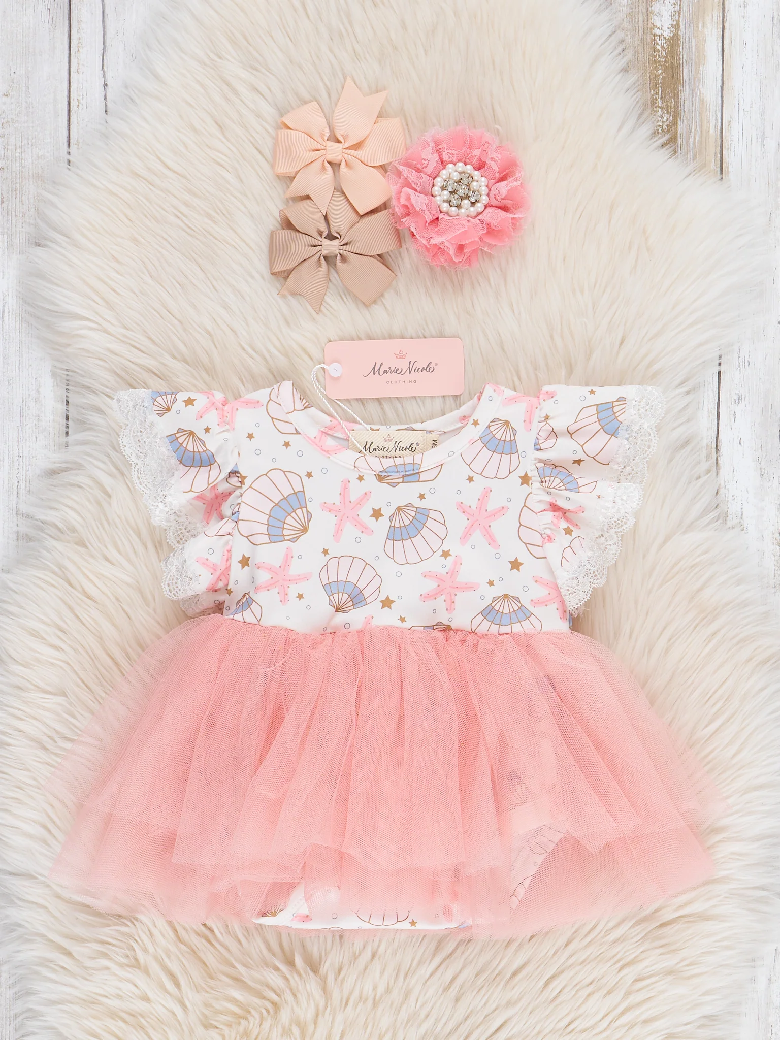 Coral Seashell Tulle Ruffle Bubble Romper