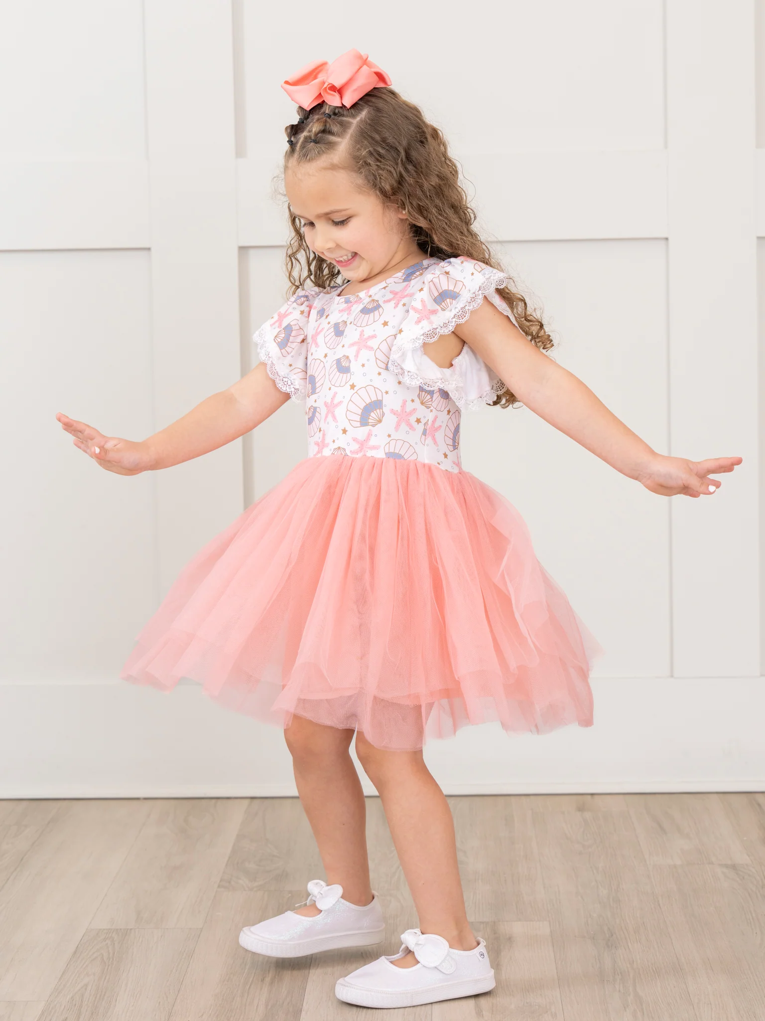 Coral Seashell Tulle Ruffle Dress - Image 3