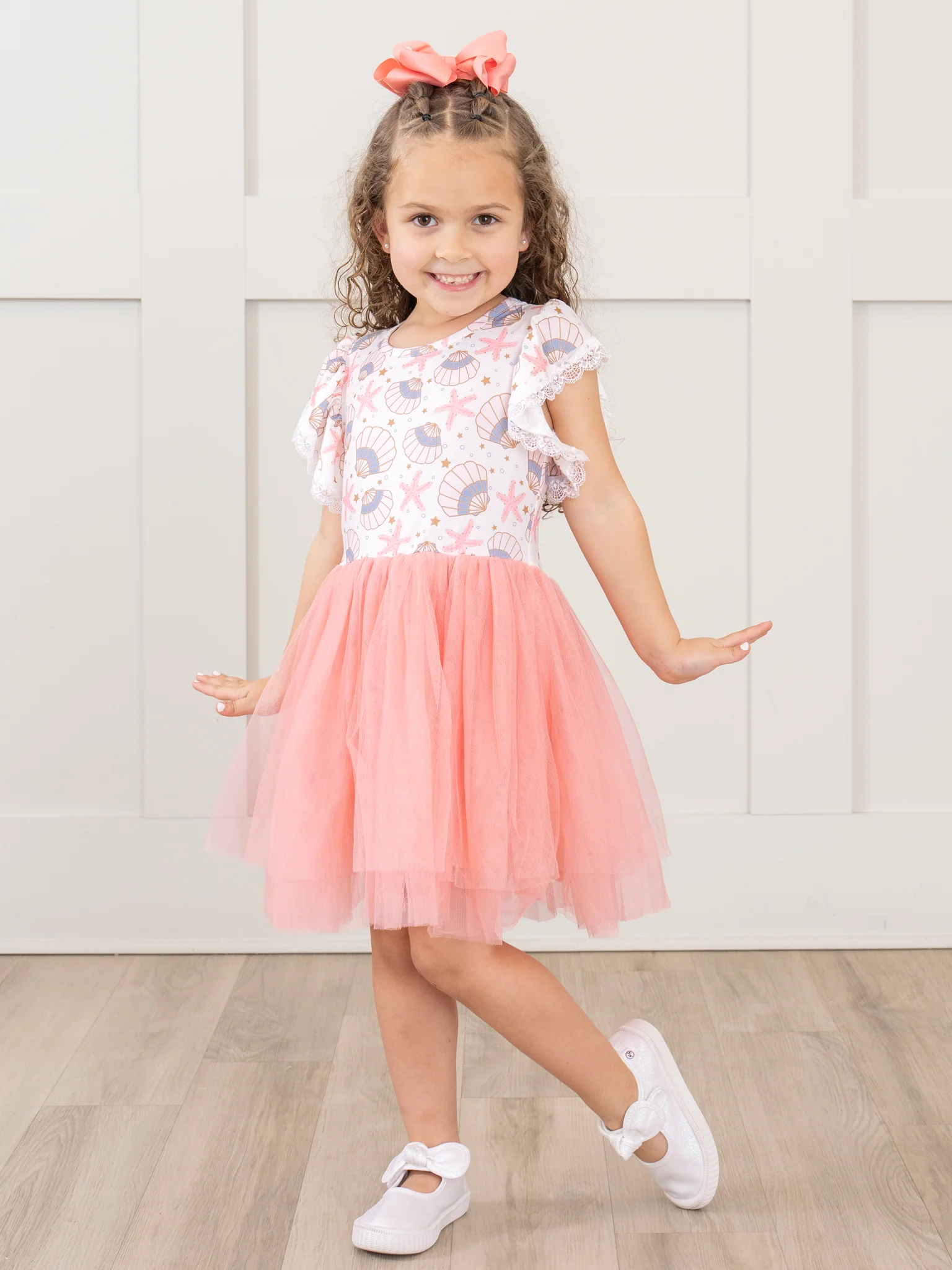 Coral Seashell Tulle Ruffle Dress - Image 4