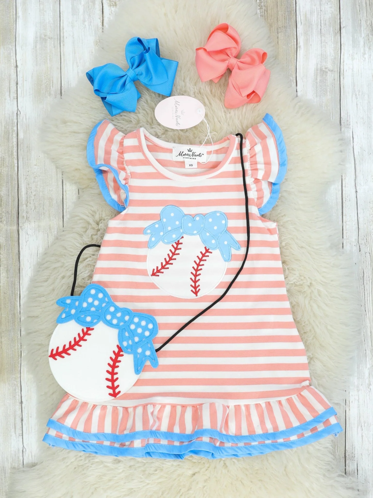 Peach Striped Ruffle Baseball Dress & Purse Set