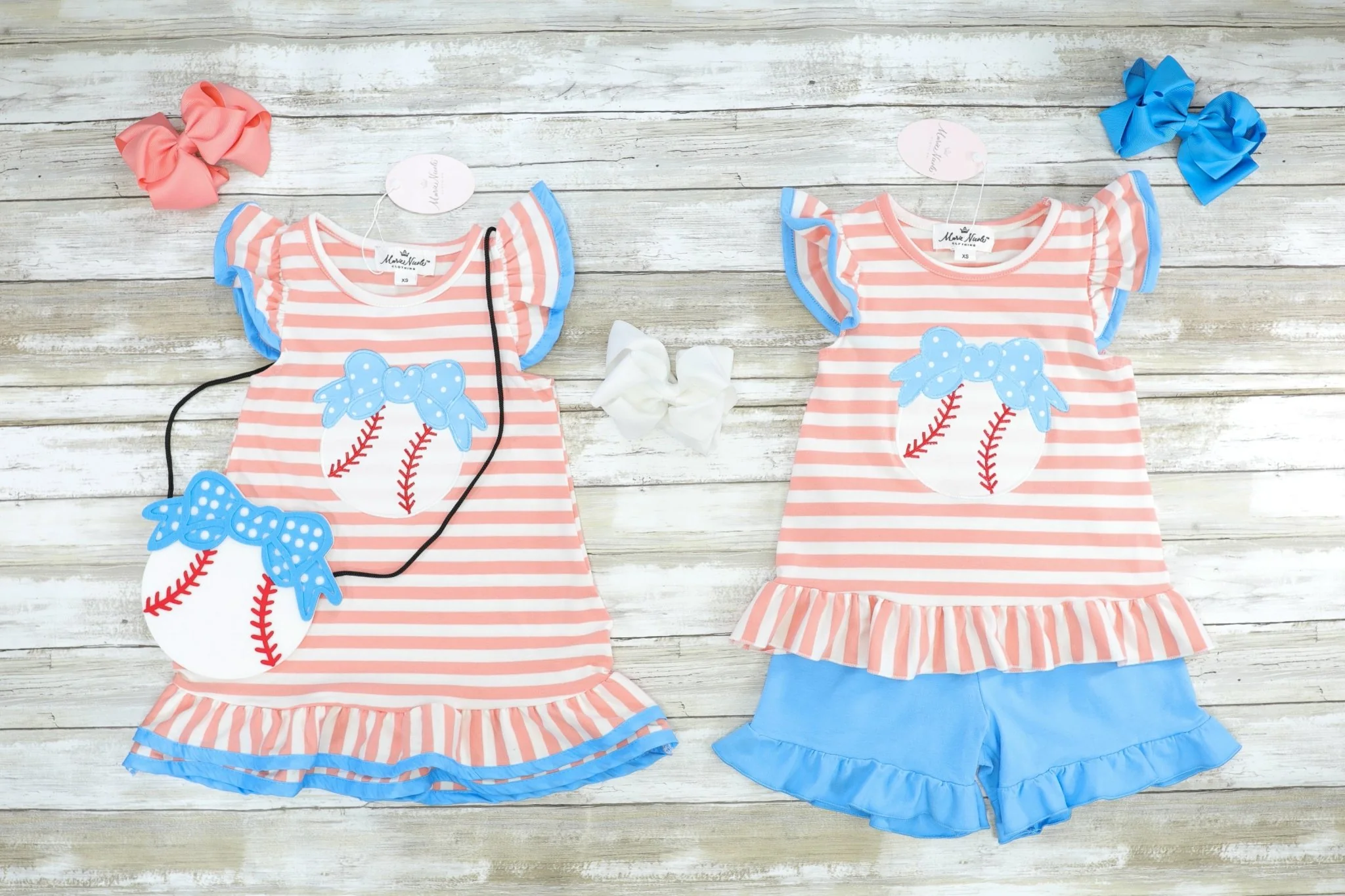 Peach Striped Ruffle Baseball Dress & Purse Set - Image 2