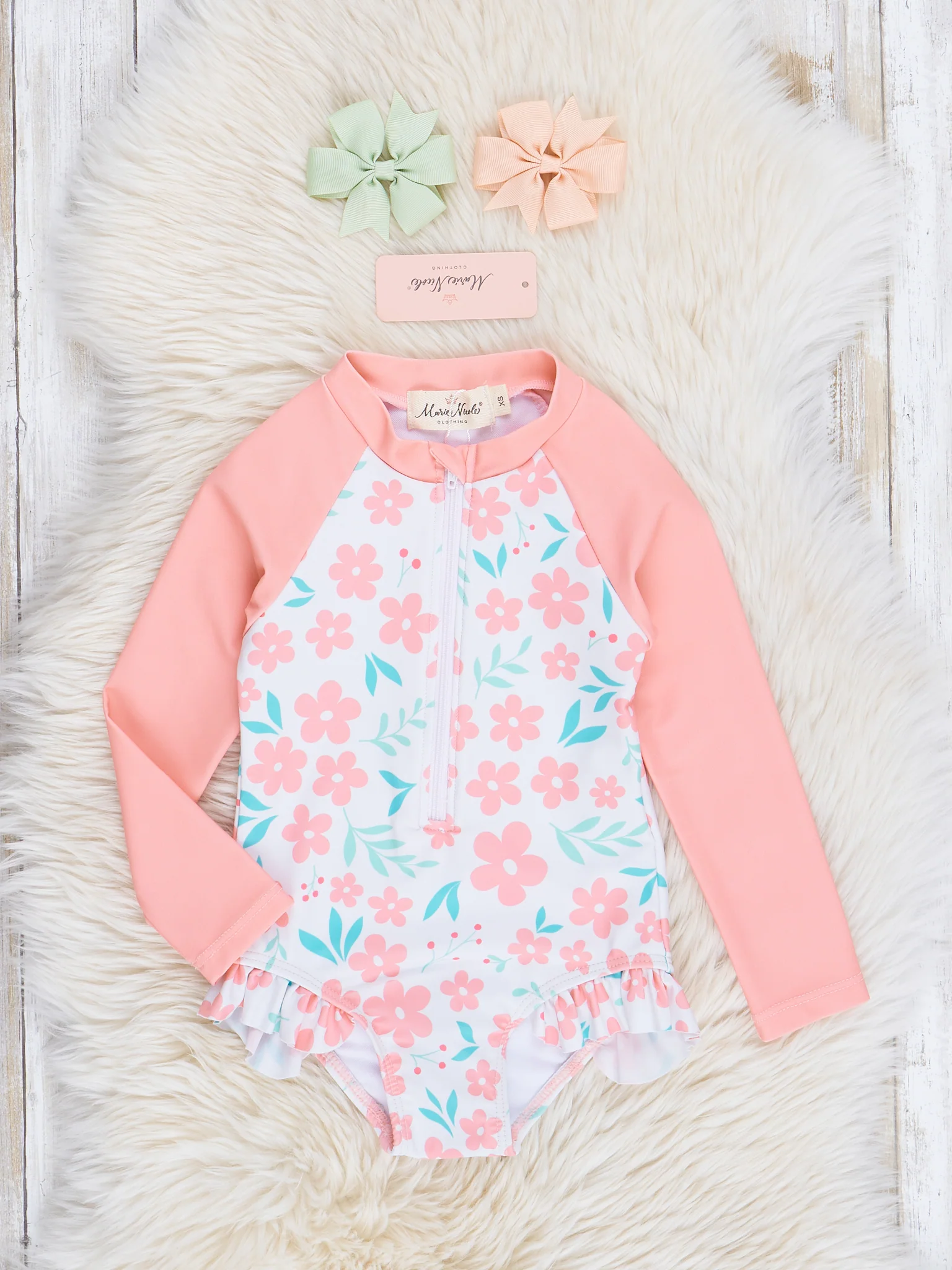 Coral & Teal Tropical Blooms Ruffle Rashguard