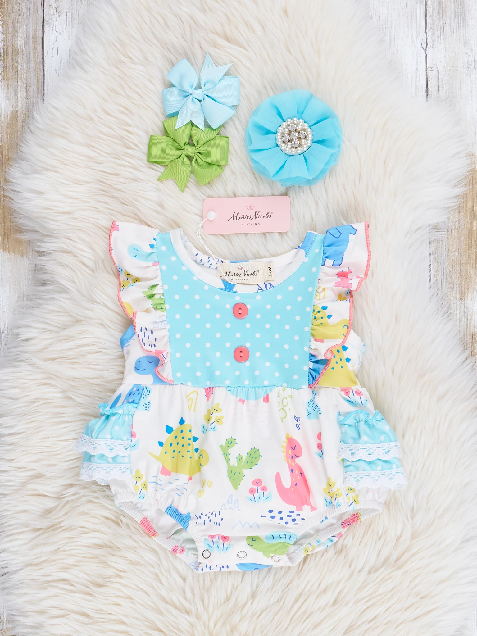Coral & Teal Dinosaur World Ruffle Bubble Romper