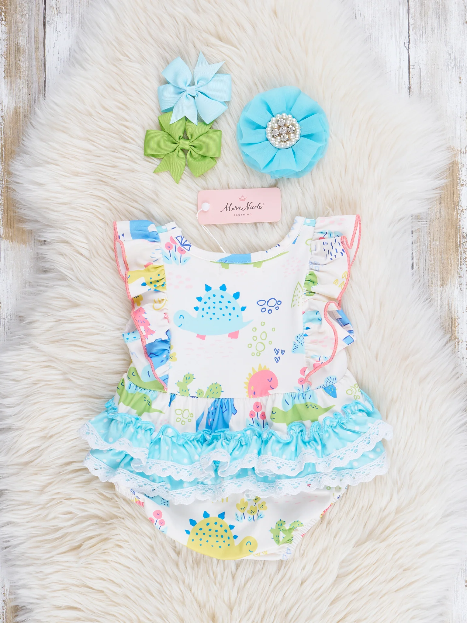 Coral & Teal Dinosaur World Ruffle Bubble Romper - Image 2