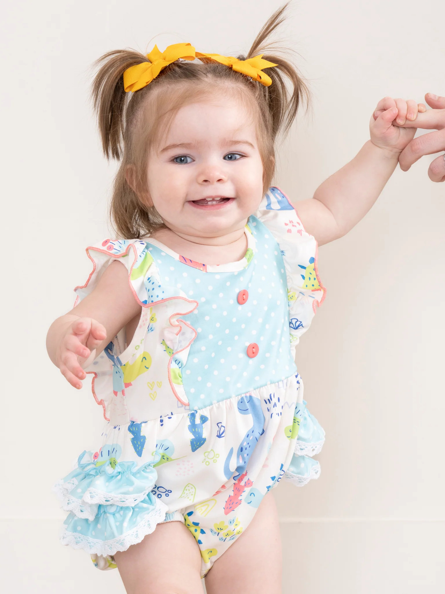 Coral & Teal Dinosaur World Ruffle Bubble Romper - Image 3