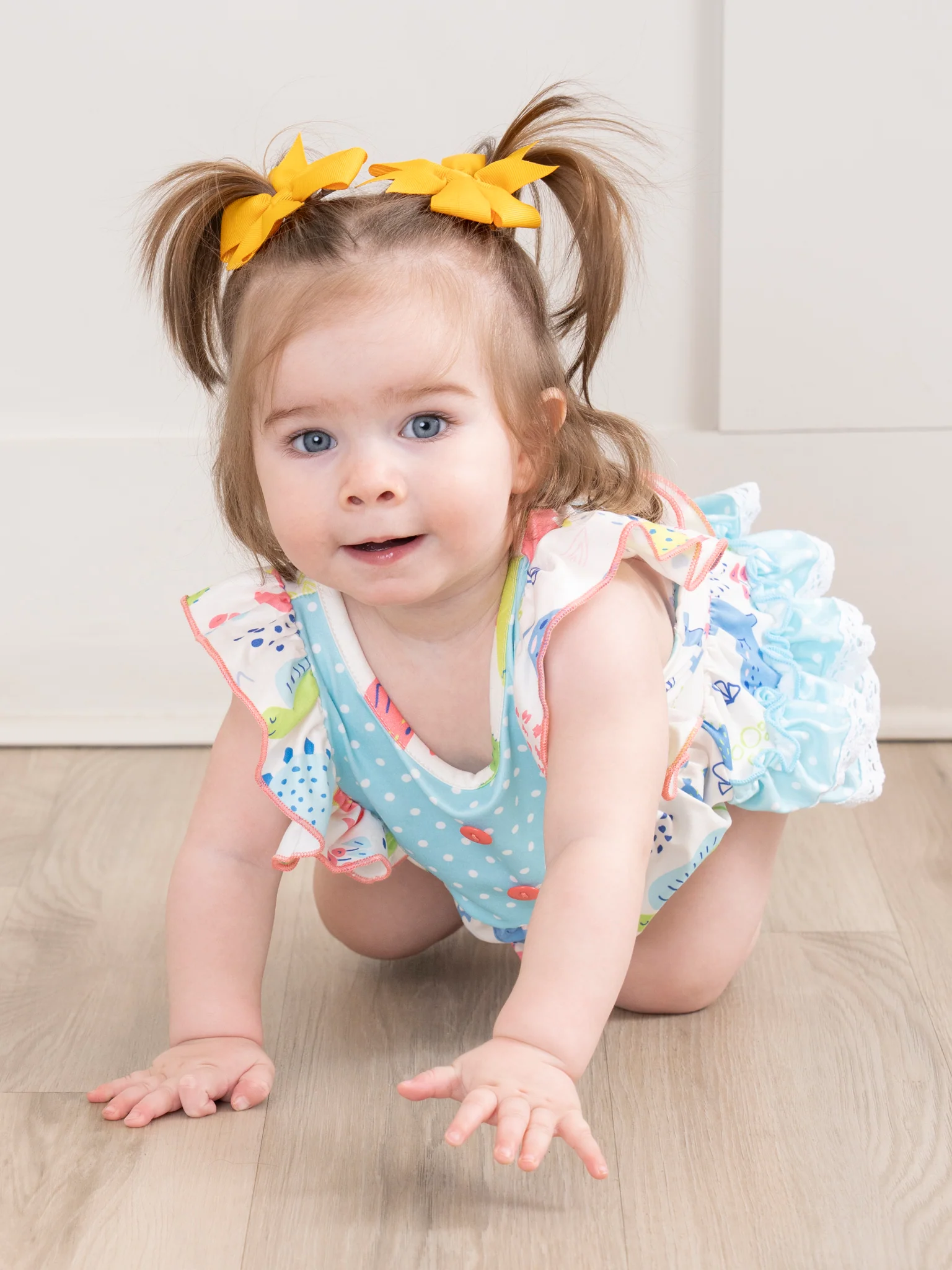 Coral & Teal Dinosaur World Ruffle Bubble Romper - Image 4