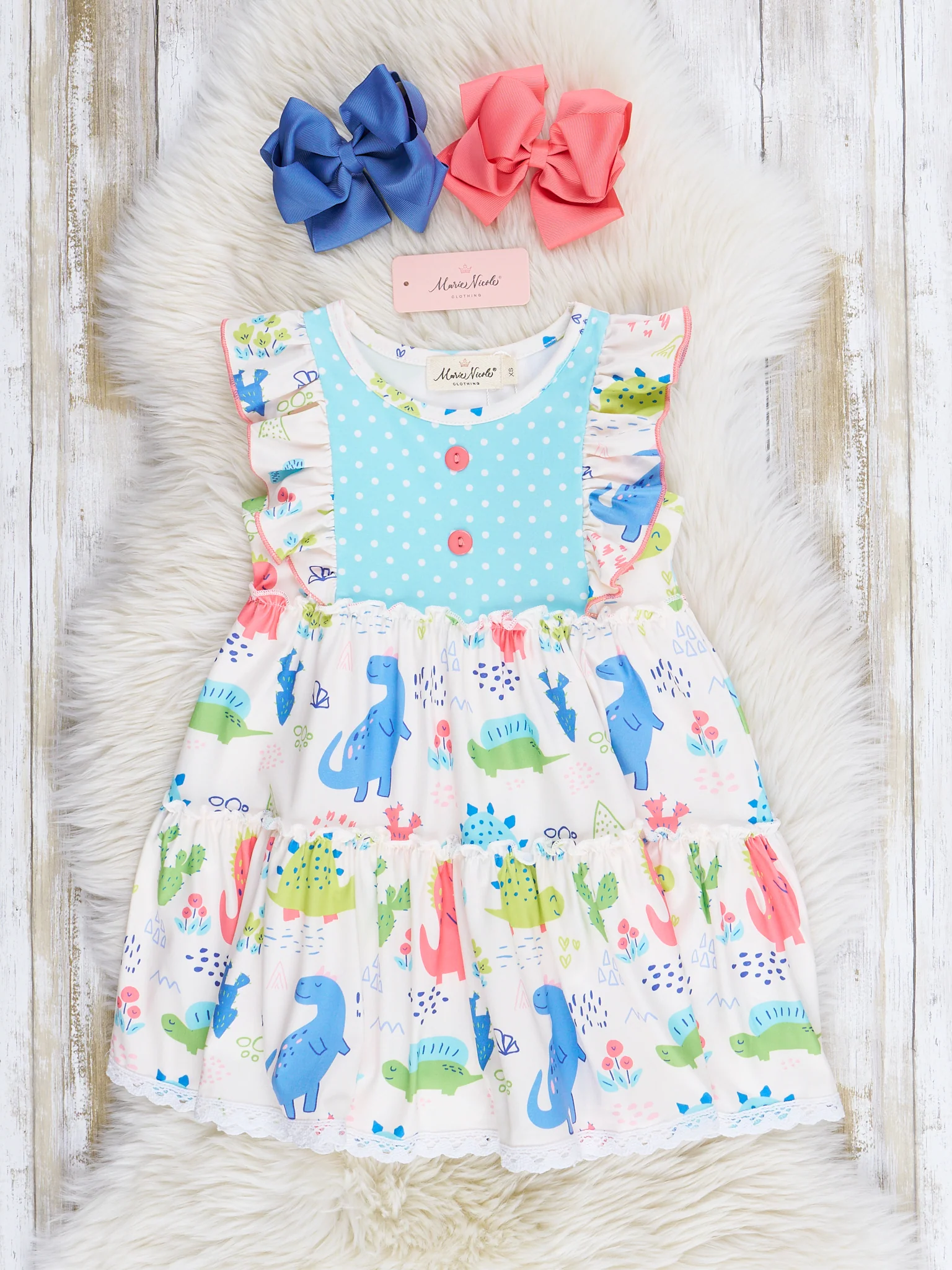 Coral & Teal Dinosaur World Ruffle Dress - Image 2