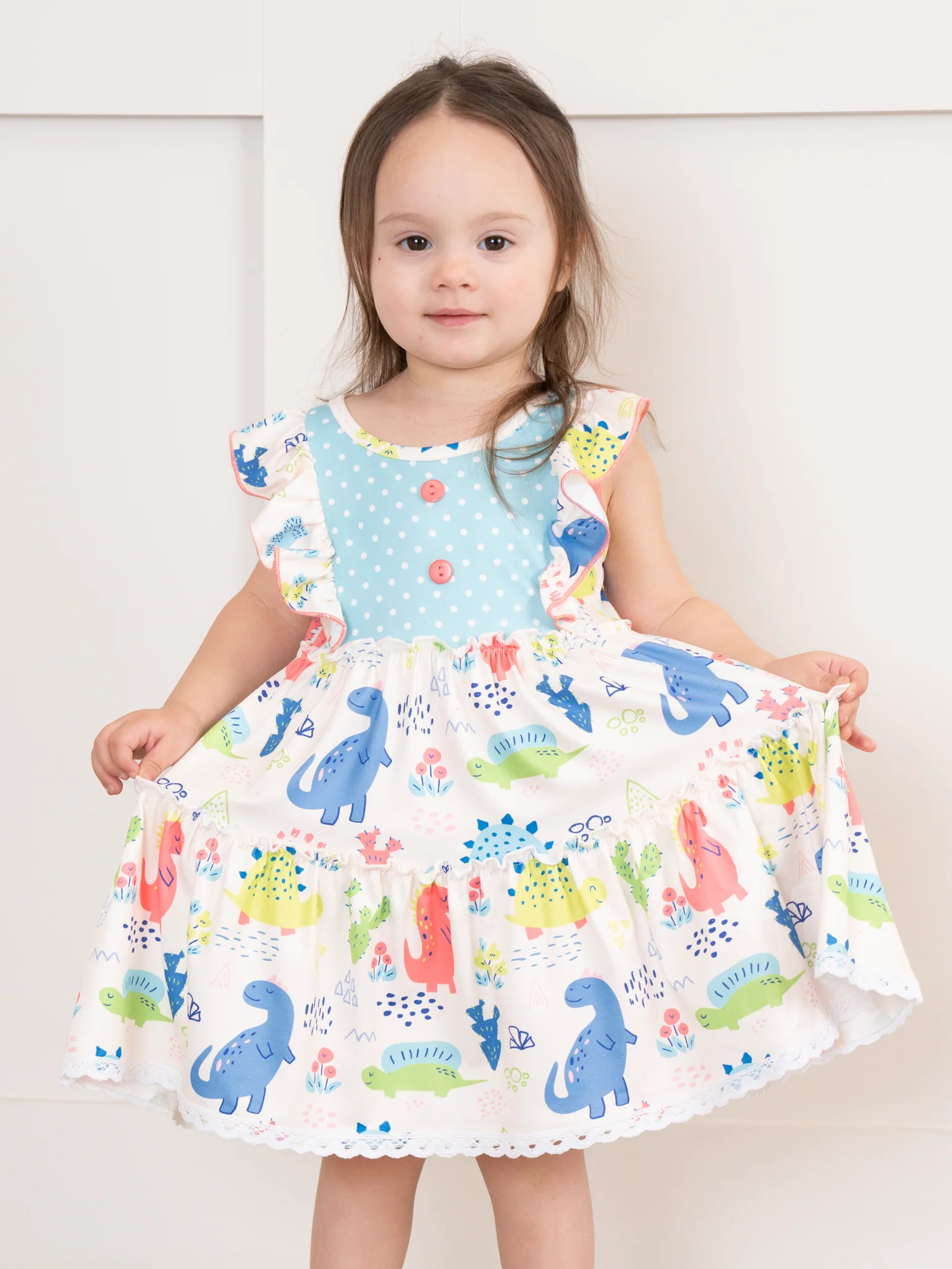 Coral & Teal Dinosaur World Ruffle Dress - Image 3