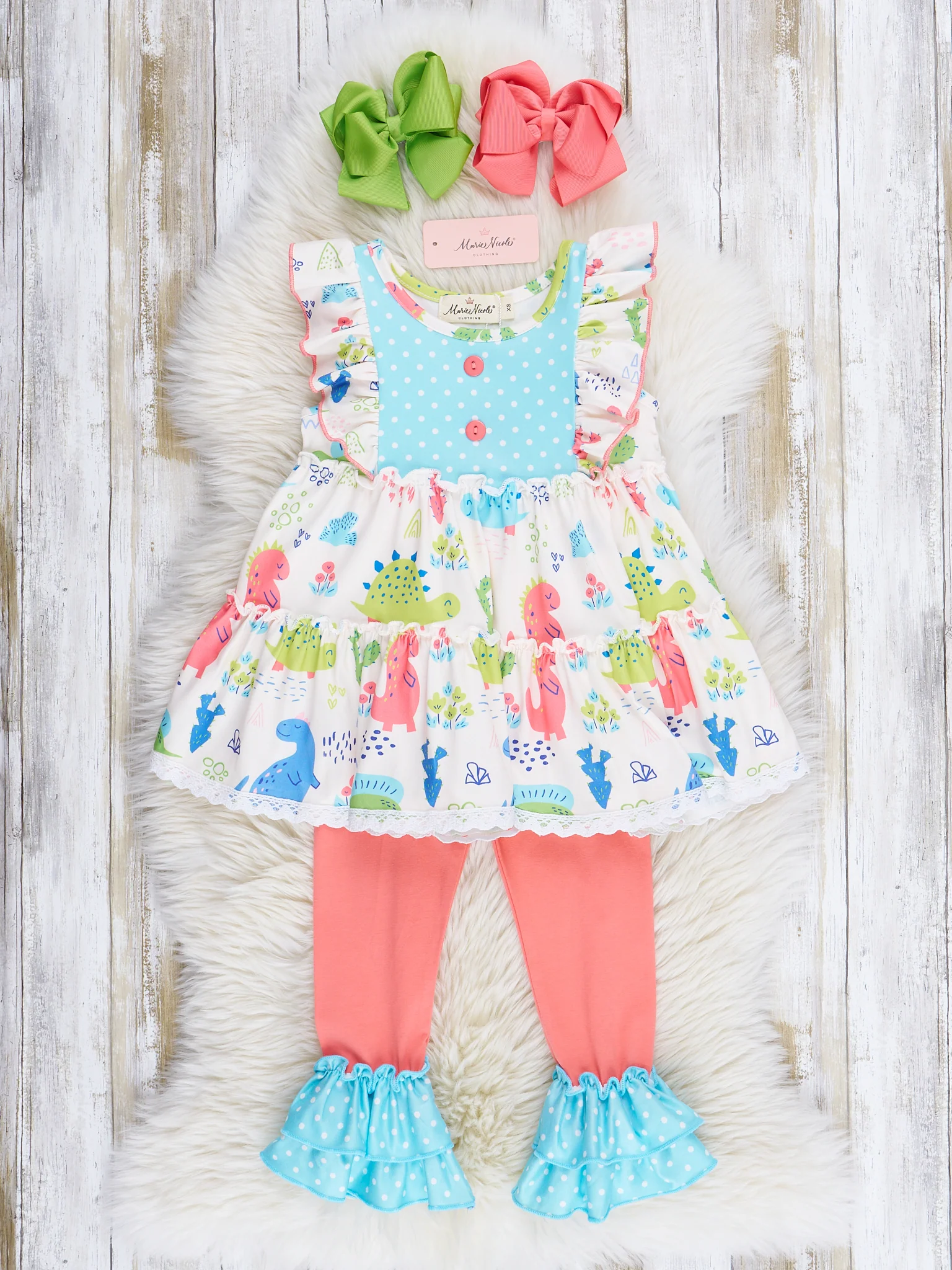 Coral & Teal Dinosaur World Ruffle Outfit