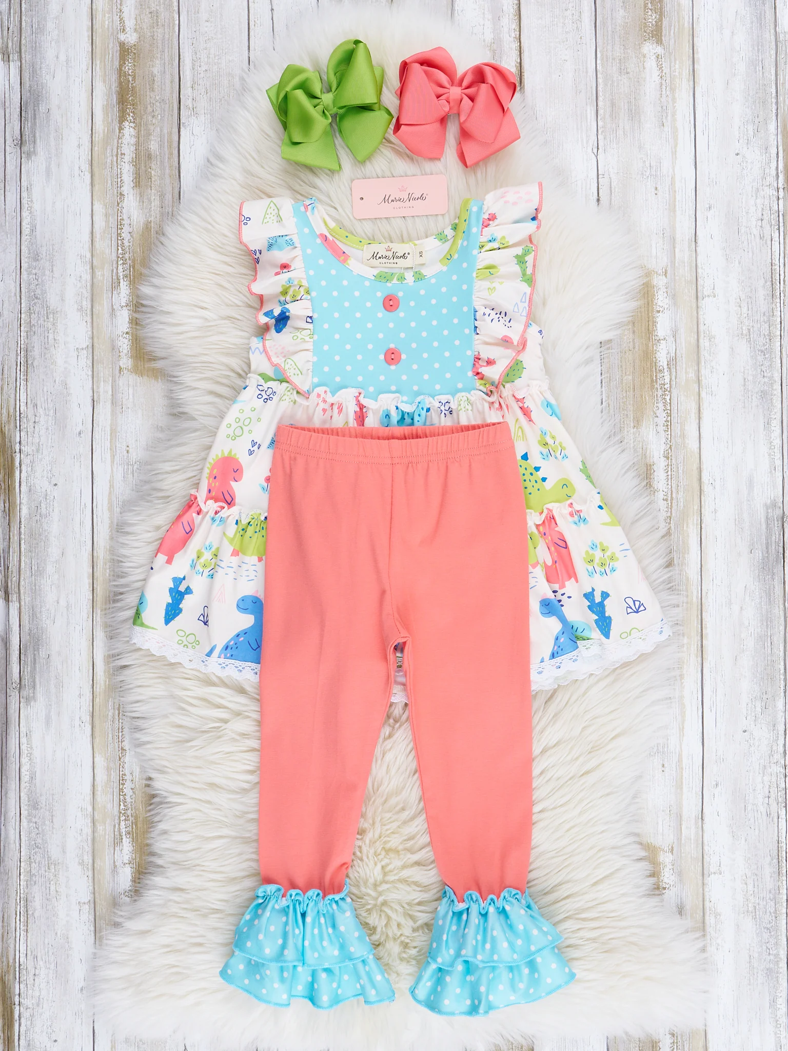Coral & Teal Dinosaur World Ruffle Outfit - Image 2