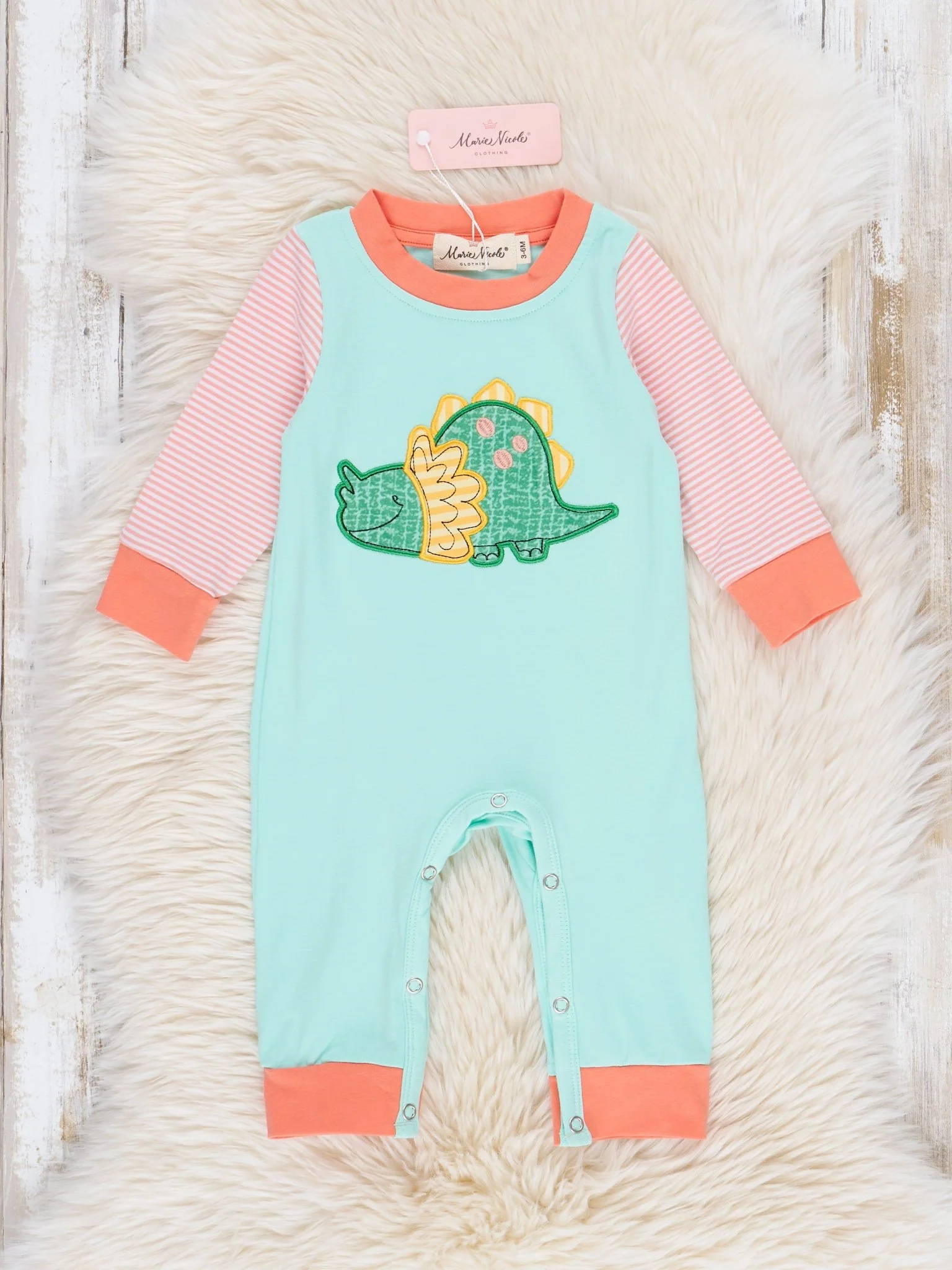 Coral & Teal Embroidered Triceratops Raglan Romper