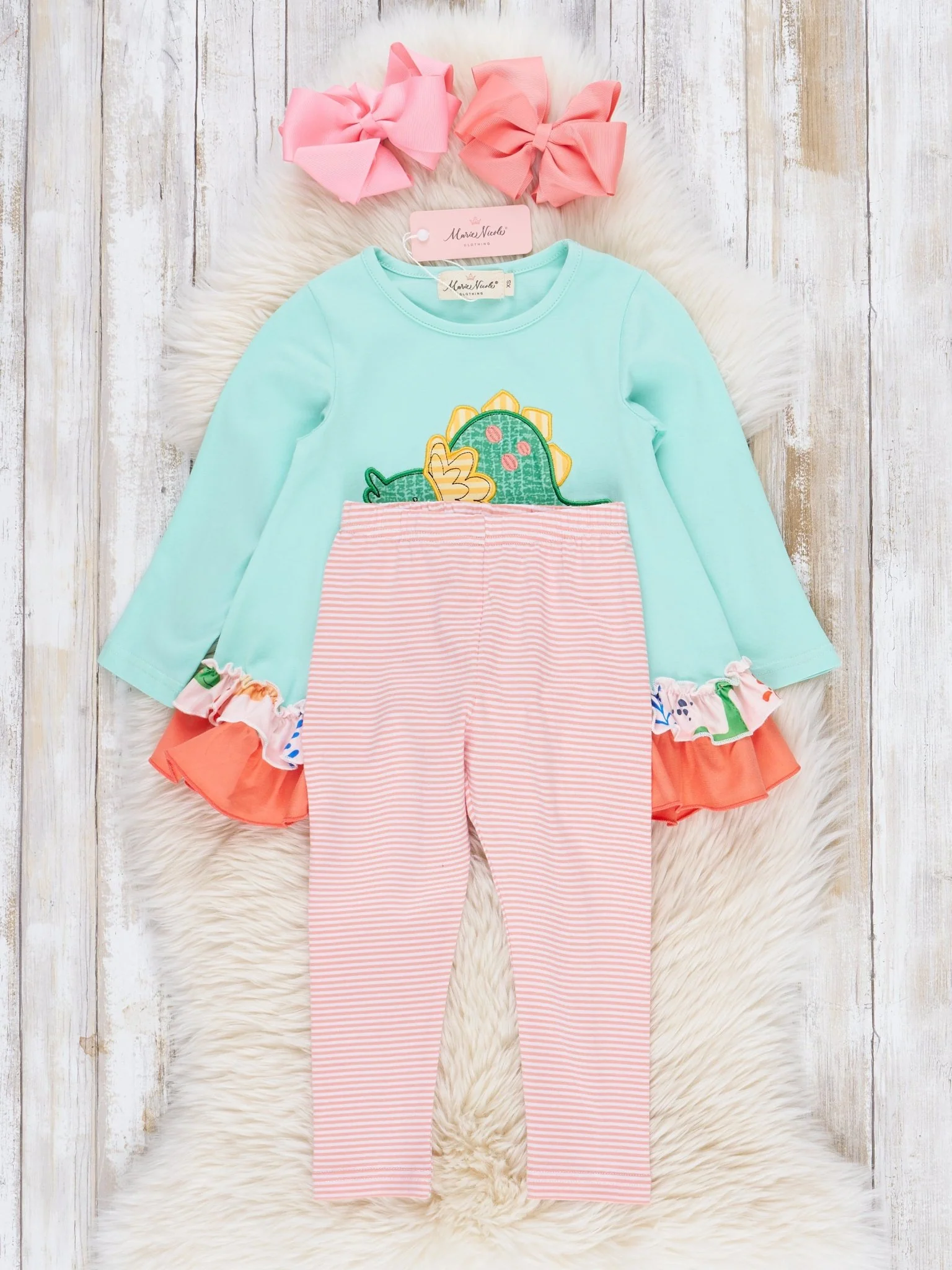 Coral & Teal Embroidered Triceratops Ruffle Outfit - Image 3