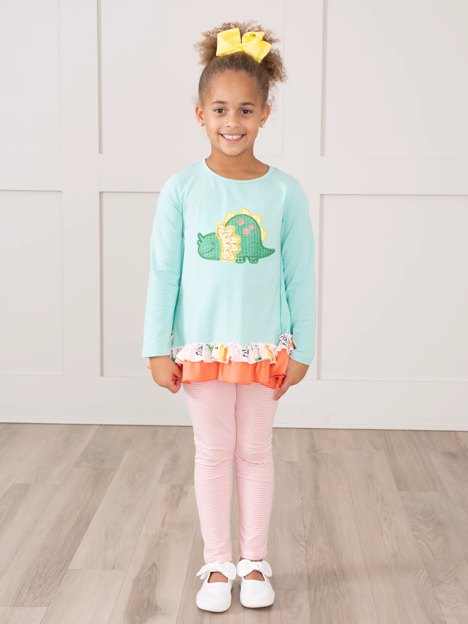 Coral & Teal Embroidered Triceratops Ruffle Outfit - Image 4