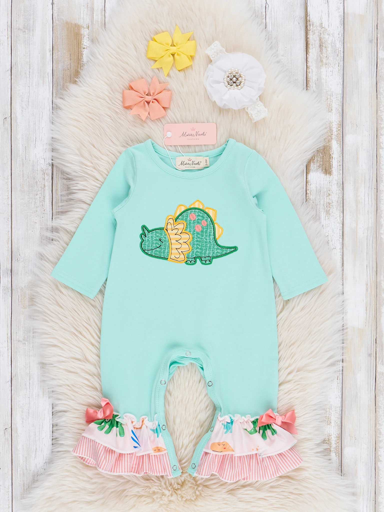 Coral & Teal Embroidered Triceratops Ruffle Romper