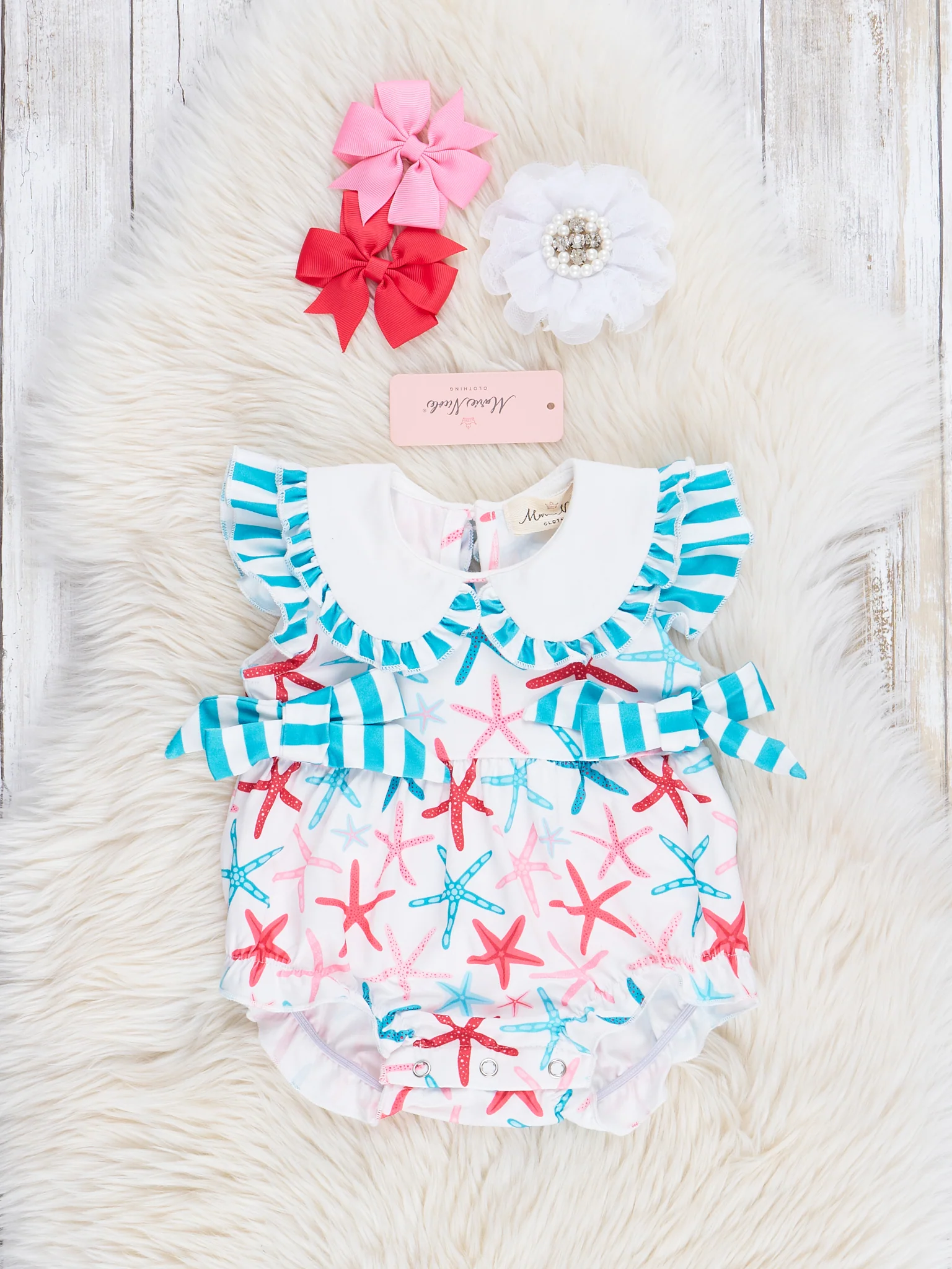 Coral & Turquoise Starfish Ruffle Bubble Romper
