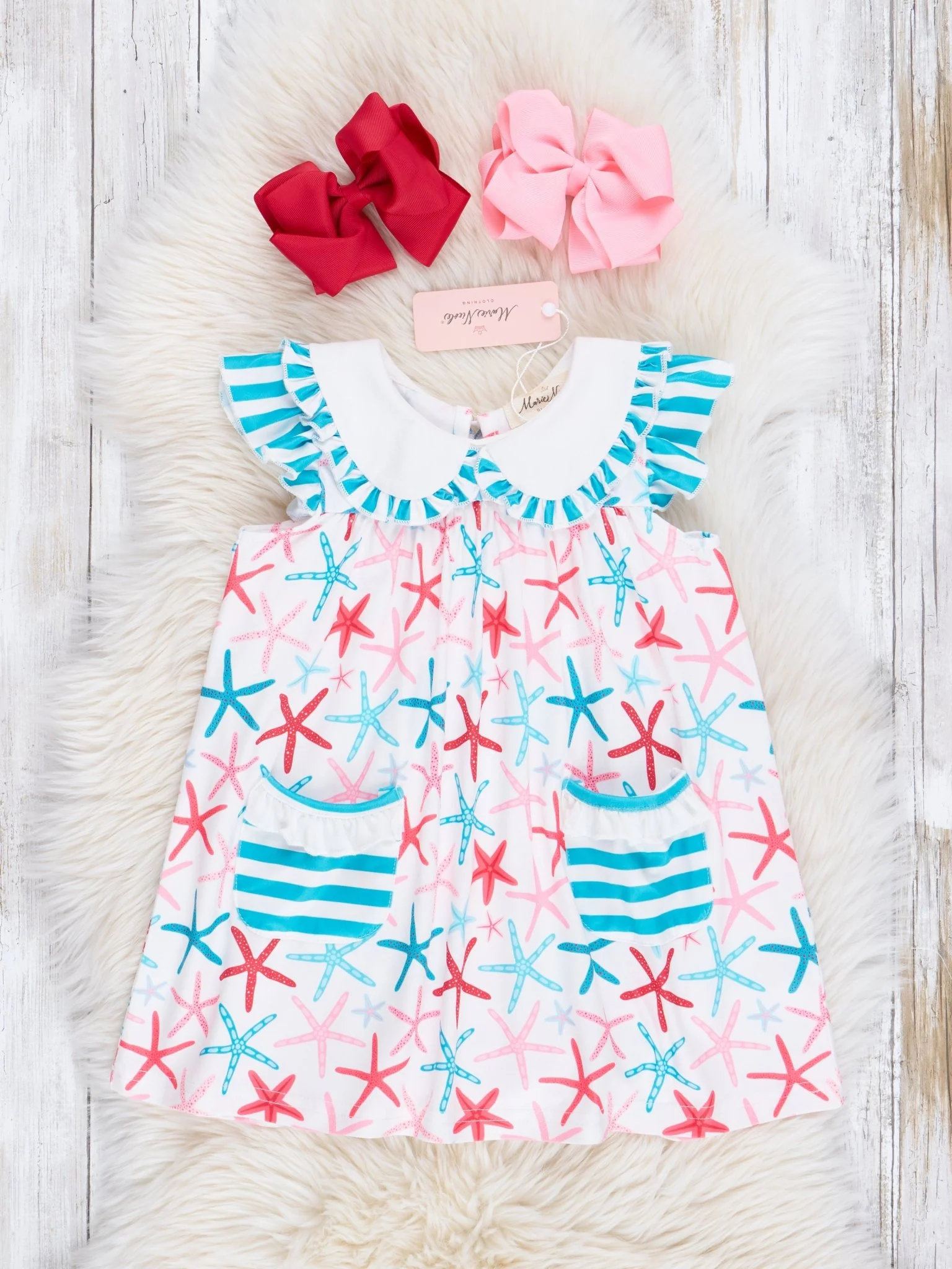Coral & Turquoise Starfish Ruffle Dress