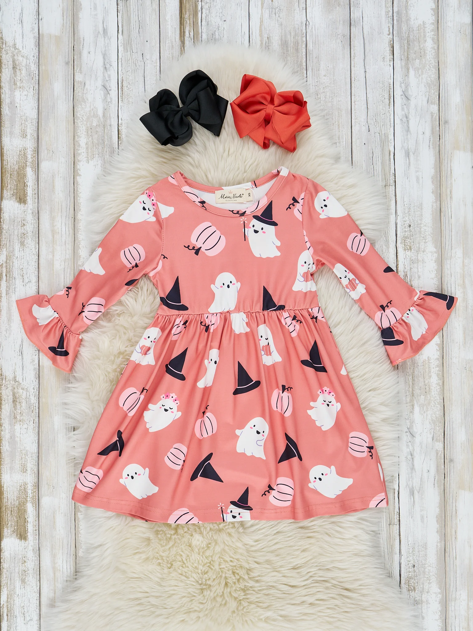 Coral Witchy Ghouls Ruffle Swing Dress