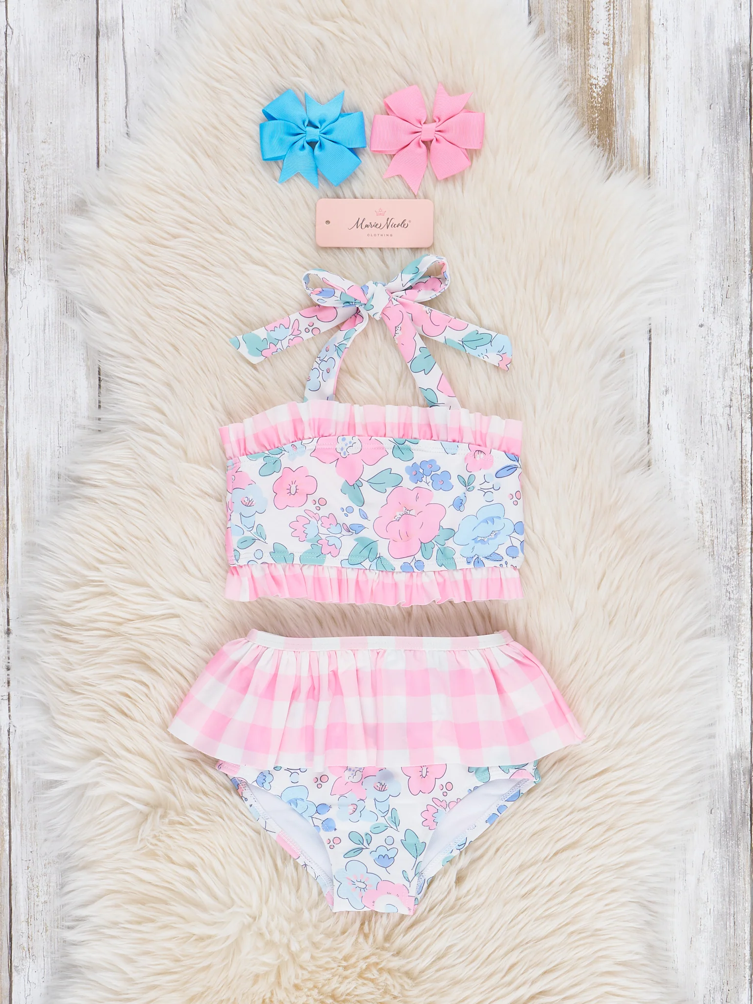 Cottage Floral & Gingham Halter Tie Swimsuit