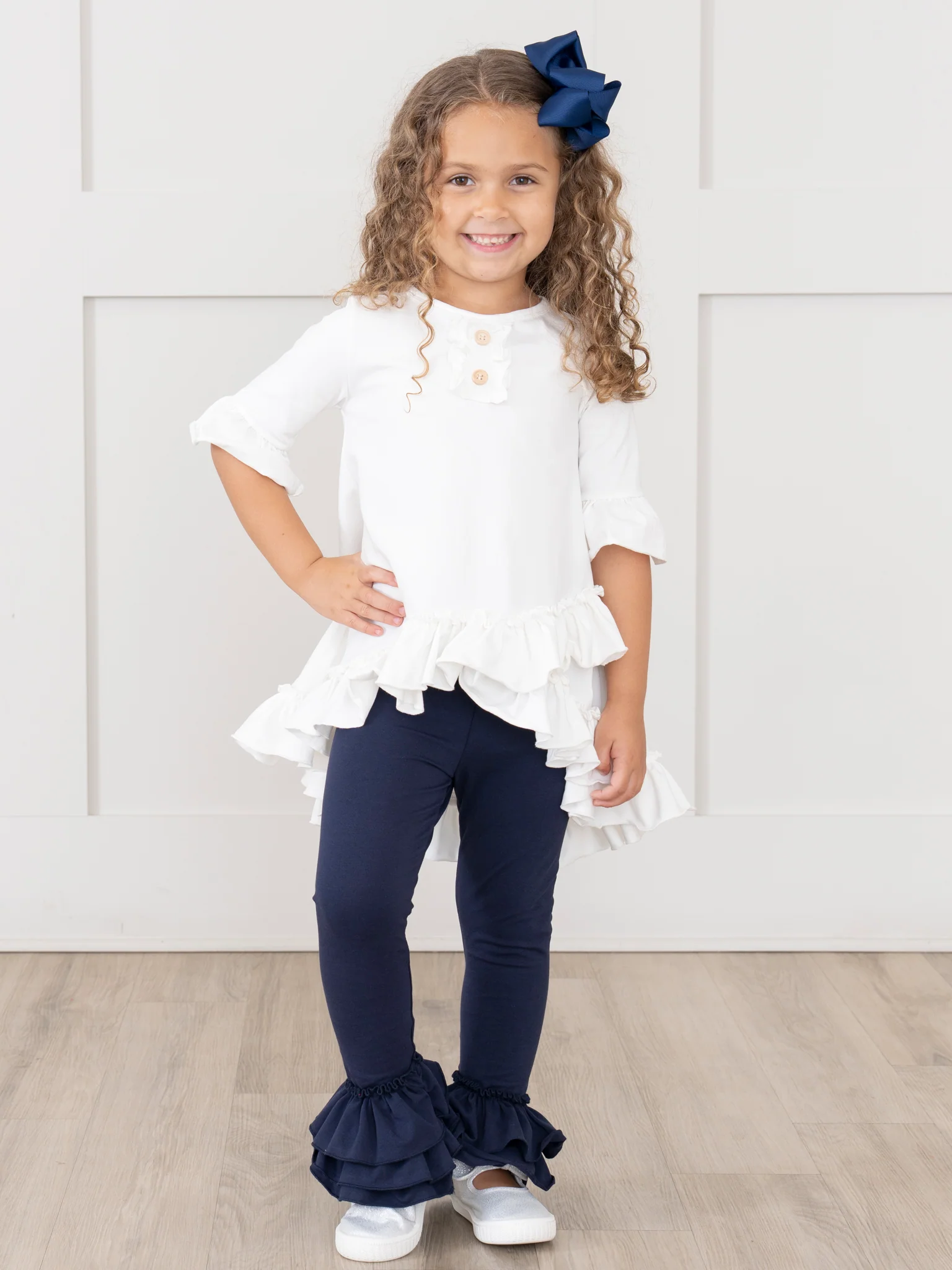 Cotton Bell Ruffle Leggings - Navy - Image 4