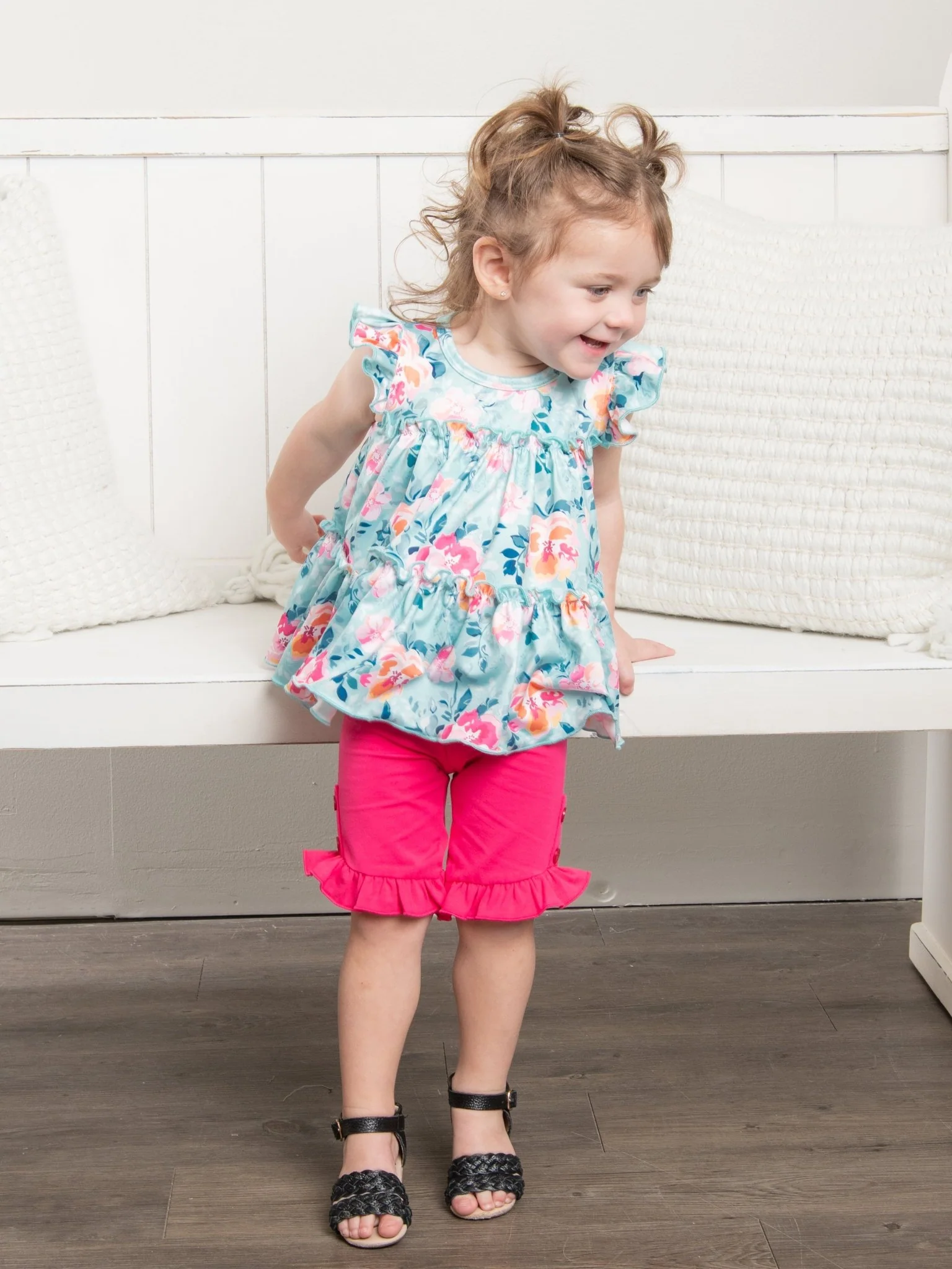 Cotton Button Ruffle Shorts - Hot Pink - Image 2