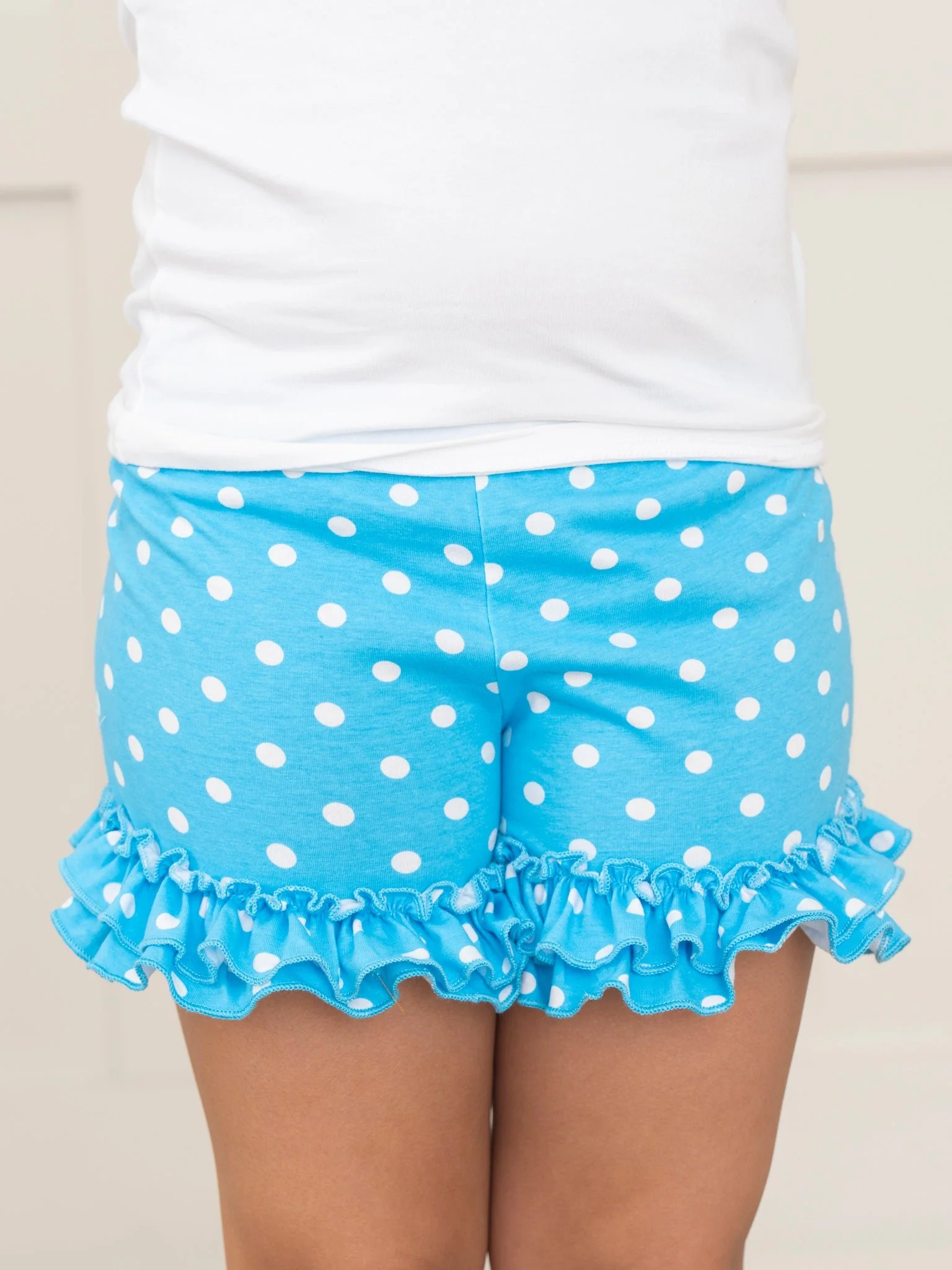 Cotton Ruffle Hem Shorts - Blue Polka Dots - Image 3